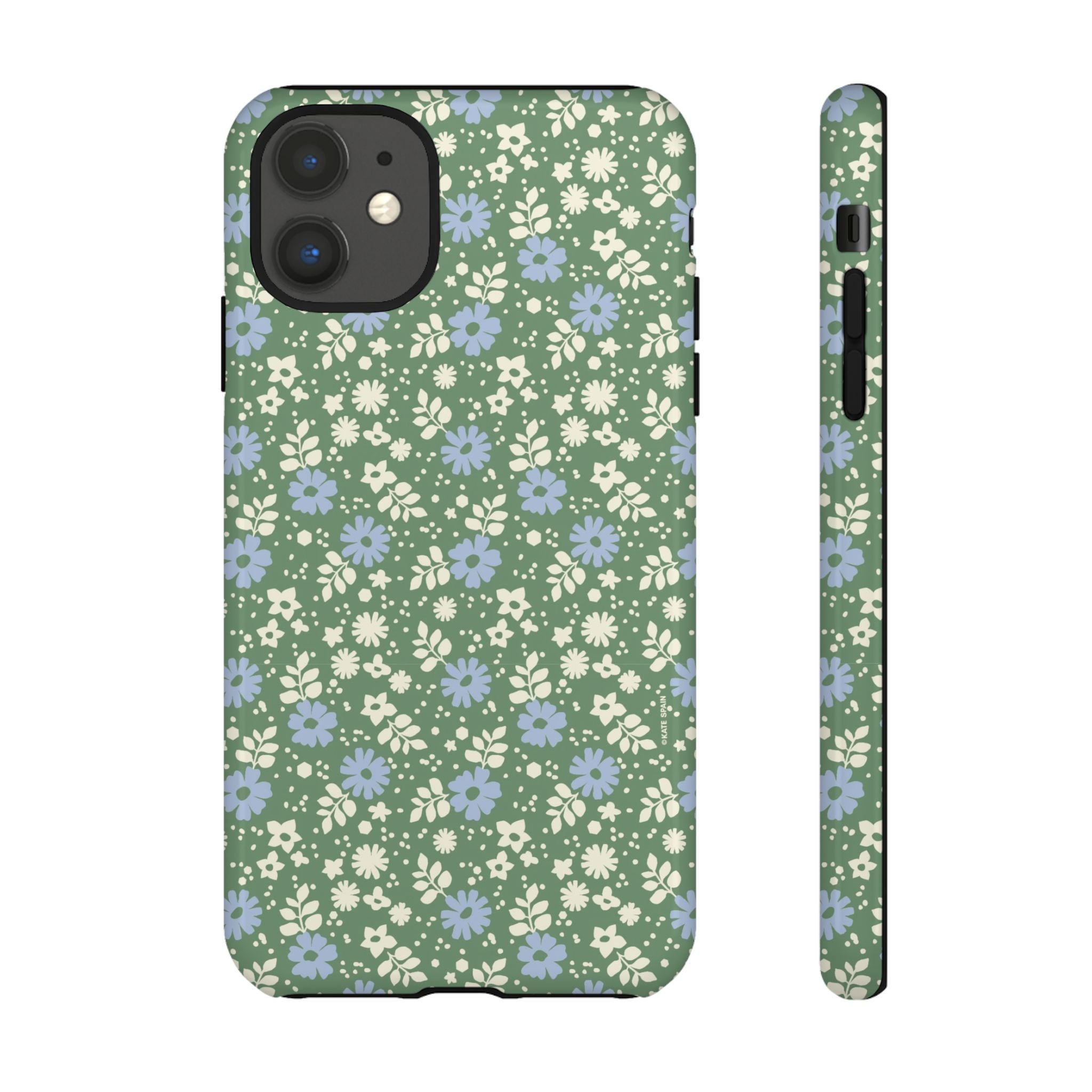 Petaline Tough iPhone 11 Case – Glossy | green, blue, cream ditsy floral print