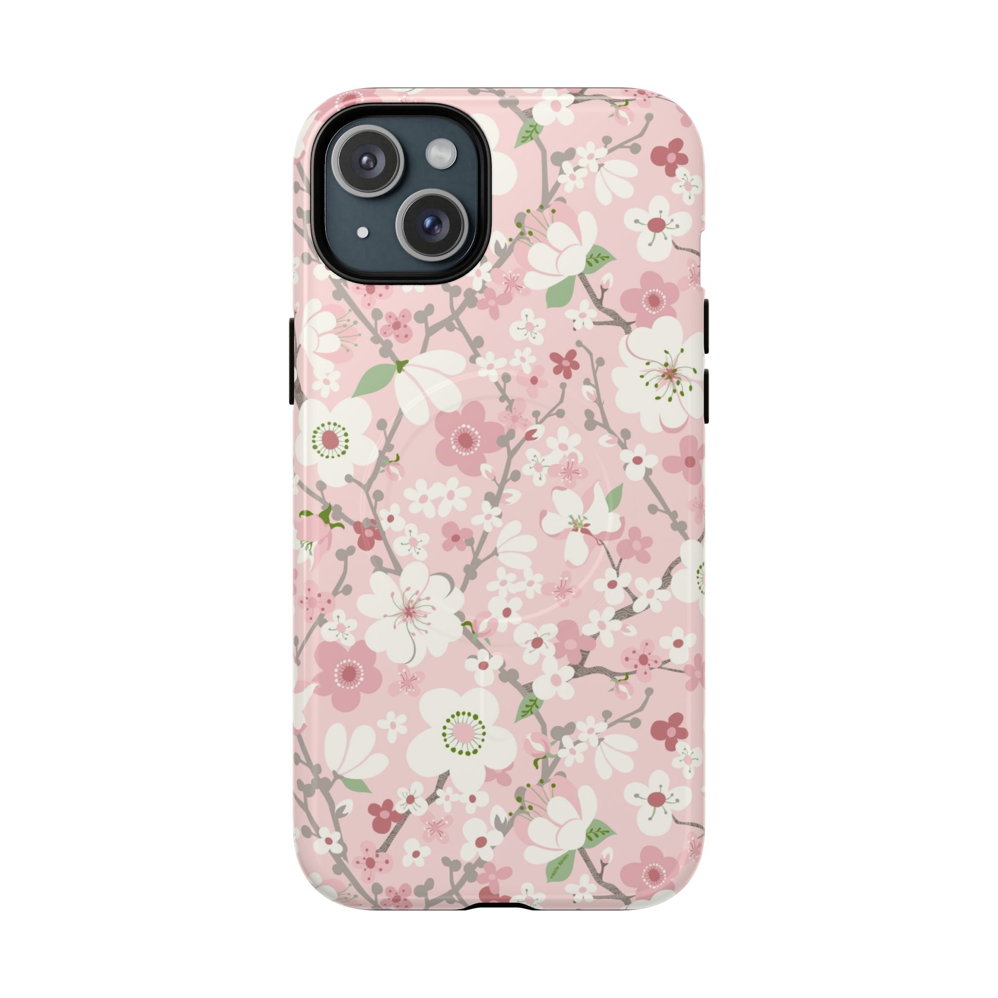 Luxury Pink Cherry Blossom MagSafe iPhone 15 Plus Case – Glossy | light pink, white, cherry blossom floral print