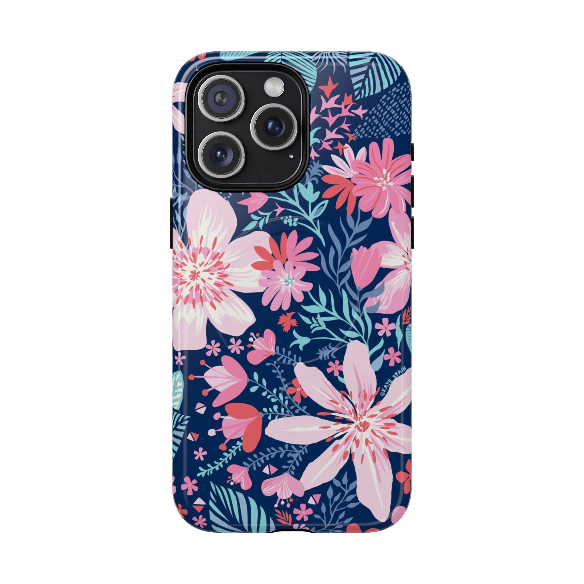 Bonaire MagSafe iPhone 15 Pro Max Case – Glossy | navy, pink, white tropical floral botanical print