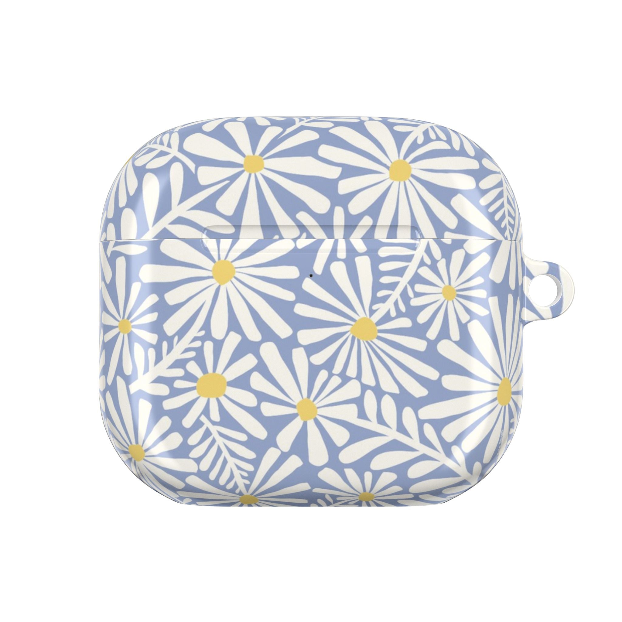 Montauk Daisy Cottage Blue AirPods Gen 4 Case – Glossy | periwinkle blue, white graphic daisy and fern print, golden yellow centers | polycarbonate shell with carabiner