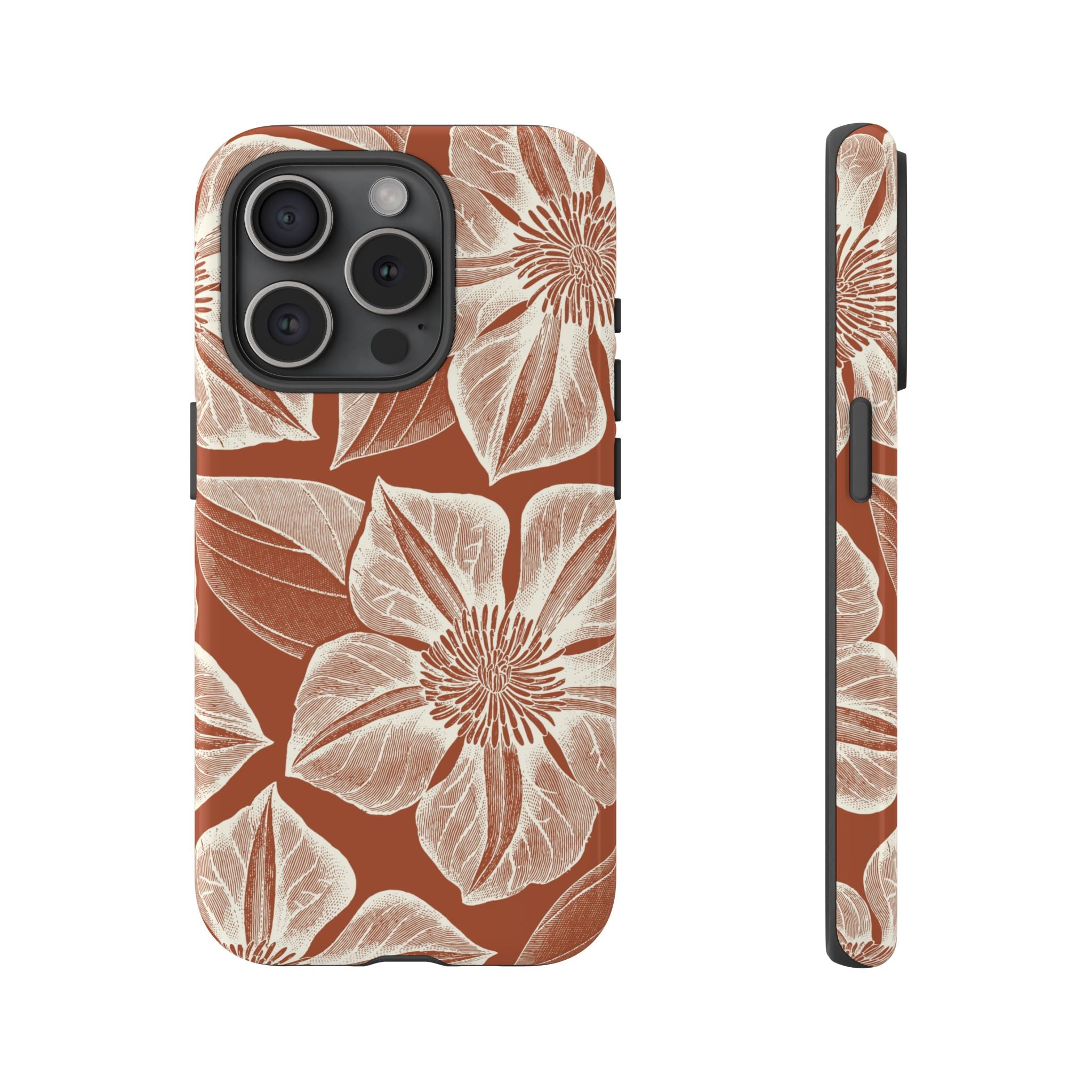 Vintage Bloom Sienna iPhone 15 Pro case – Glossy | sienna ground, large-scale cream clematis print, engraved petal detail, dual-layer protection