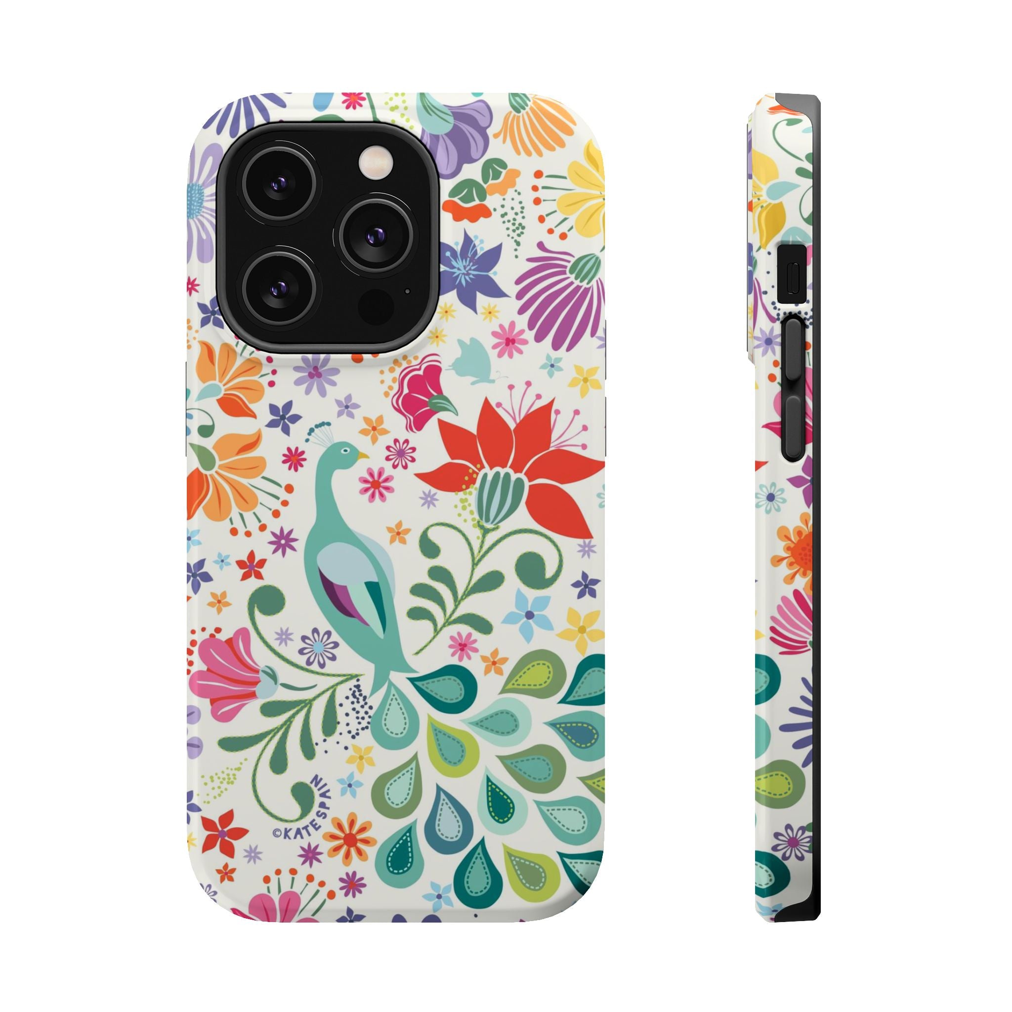 Peacock Sanctuary MagSafe iPhone 14 Pro Case – Glossy | ivory, teal, navy peacock botanical print MagSafe compatible, dual-layer protection