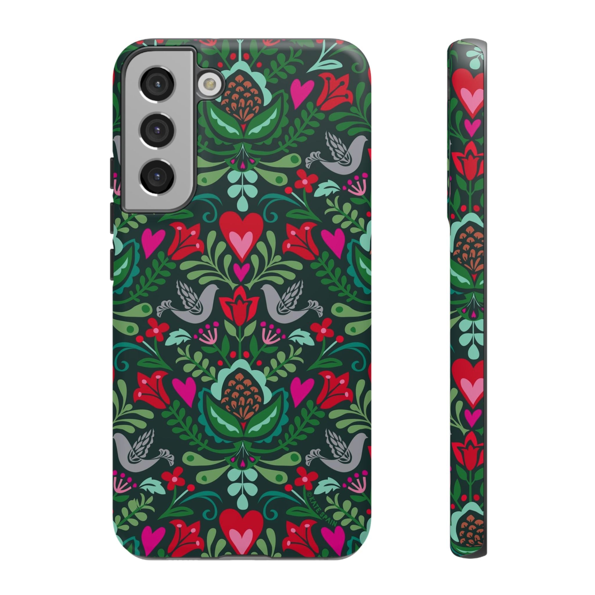 Rosemaling Samsung Galaxy S22 Plus Case – Matte | forest green, red, pink rosemaling floral print