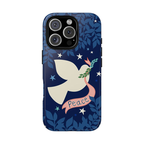 Peace Tough iPhone 16 Pro Max Case – Glossy | navy, cream peace dove, stars, botanical print