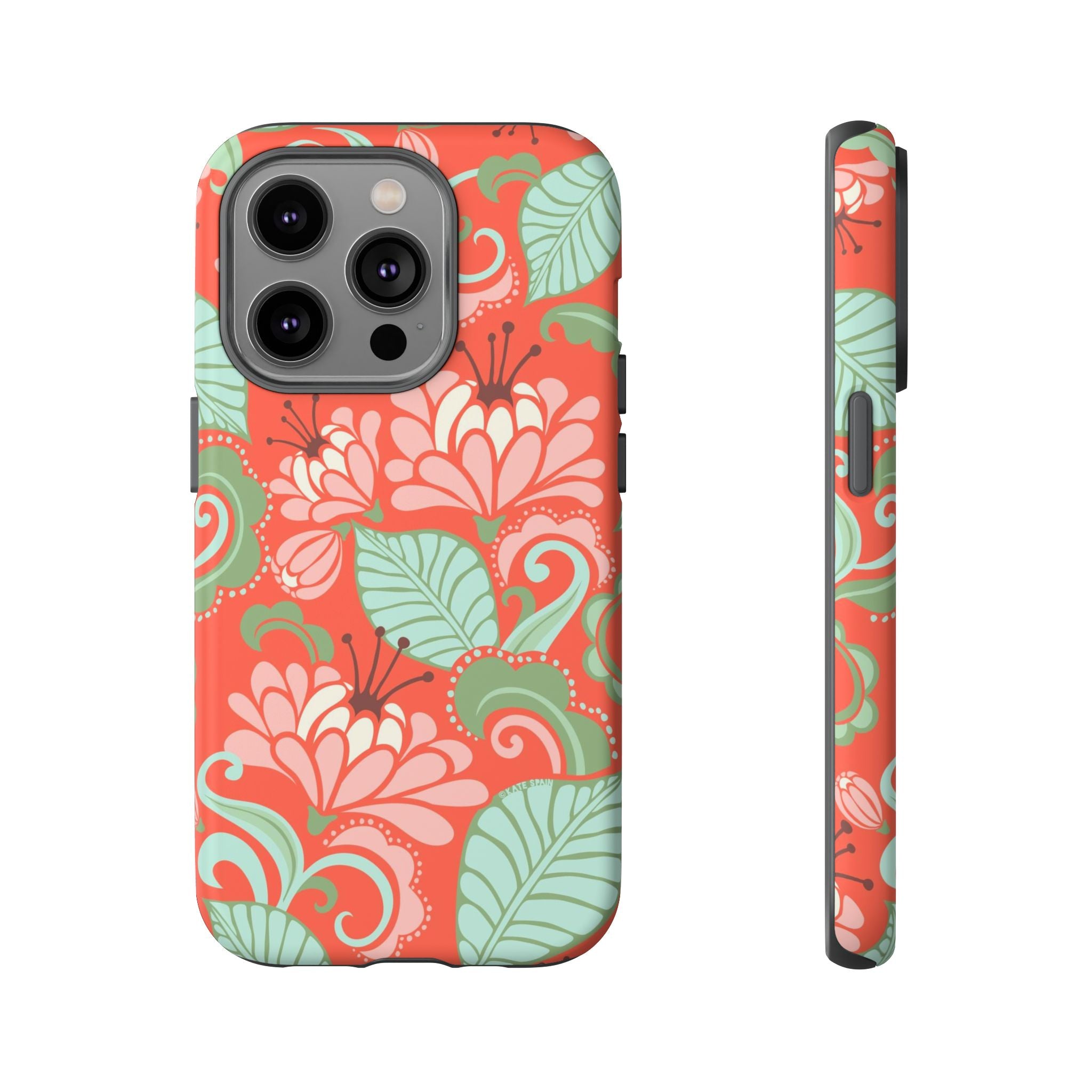 Sarabande Tough iPhone 14 Pro Case – Matte | coral, pink, cream, green botanical floral print