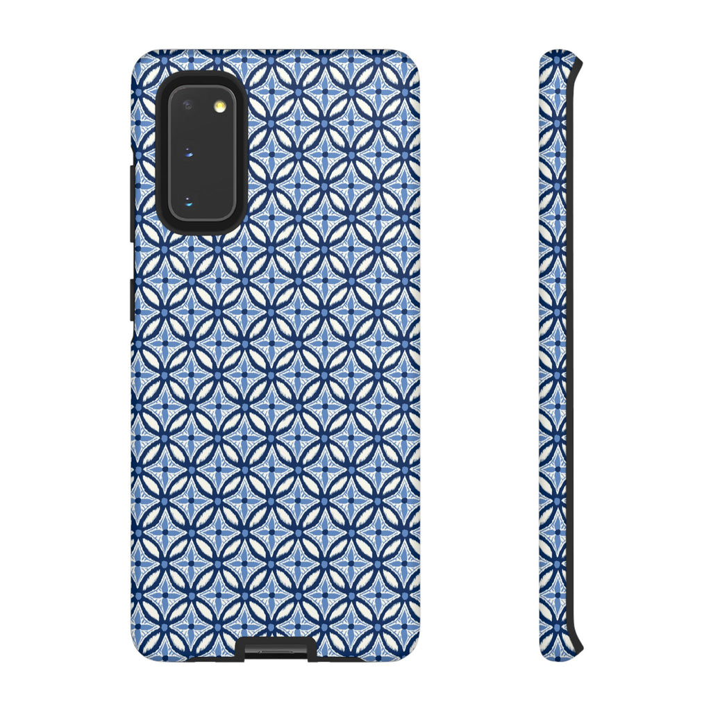 Light blue Samsung Galaxy case with navy and periwinkle ikat geometric pattern — botanical phone case by Kate Spain for Floriori