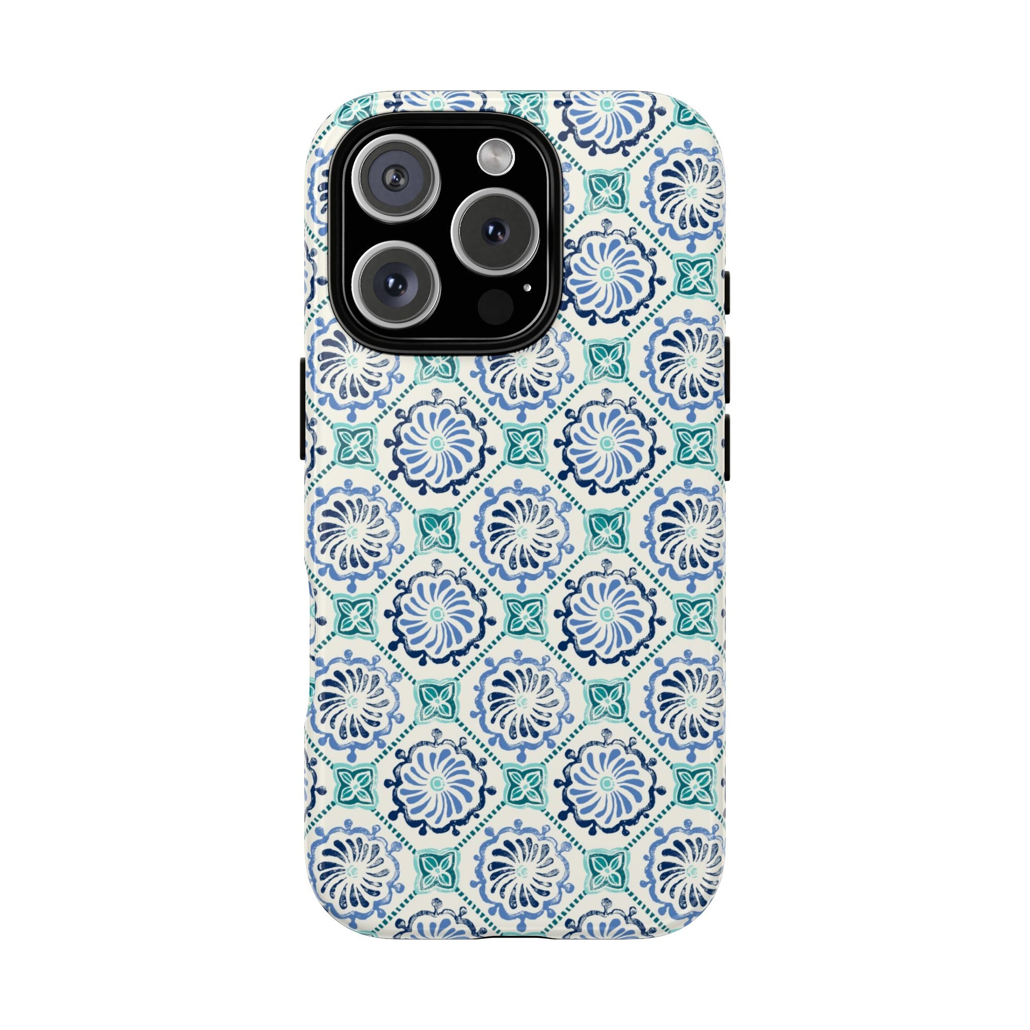 Horizon Blue Tile Tough iPhone 16 Pro Case – Glossy | blue, turquoise, cream white dual-layer protection