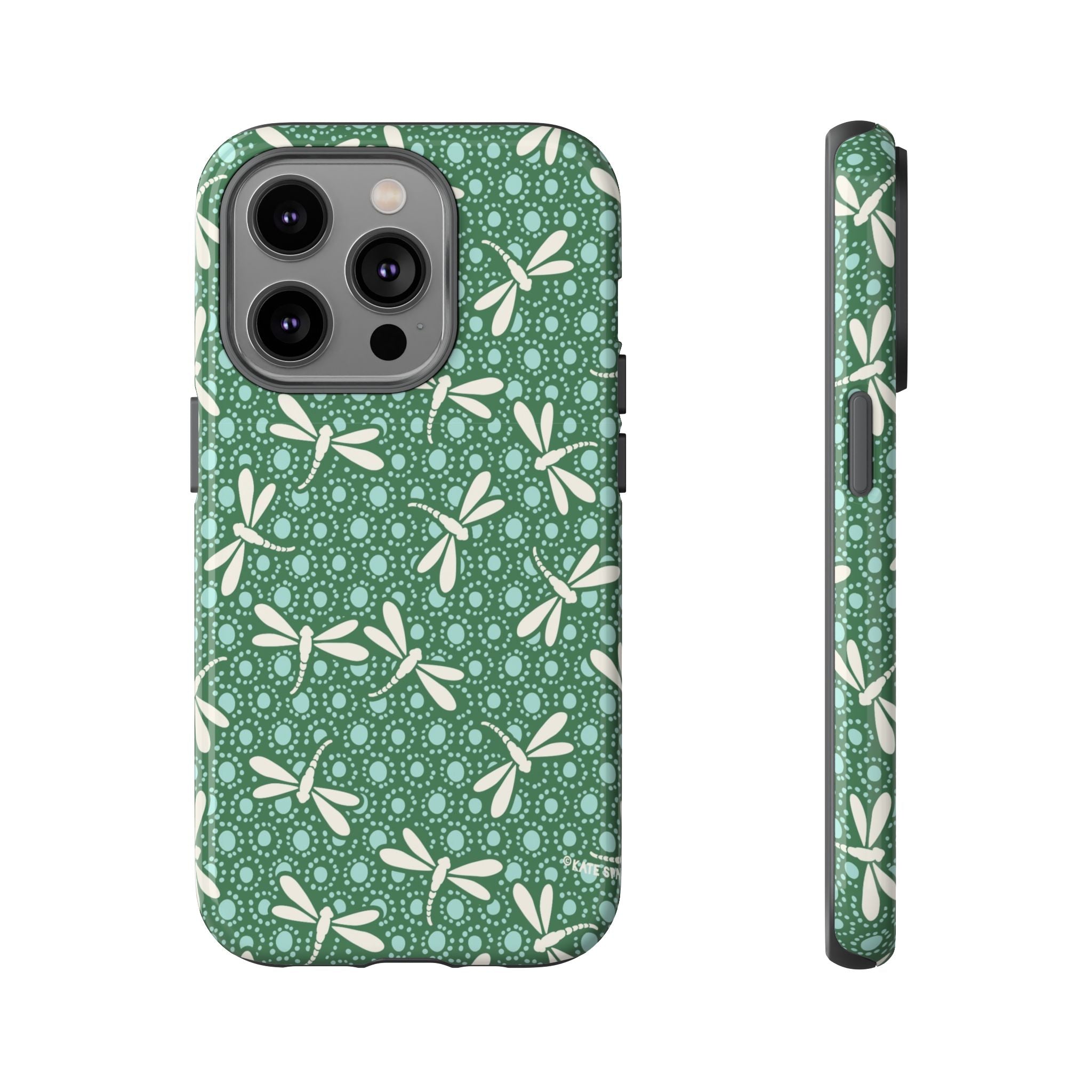 Designer Dragonfly Tough iPhone 14 Pro Case – Glossy | jade green, aqua, cream dragonfly print