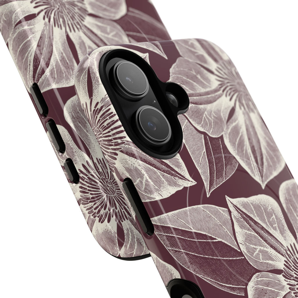 Vintage Bloom Burgundy MagSafe iPhone 17 Case – Glossy | burgundy ground, large-scale cream clematis print, engraved petal detail | side angled view closeup of camera cutout and buttons