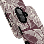 Vintage Bloom Burgundy MagSafe iPhone 17 Case – Glossy | burgundy ground, large-scale cream clematis print, engraved petal detail | side angled view closeup of camera cutout and buttons