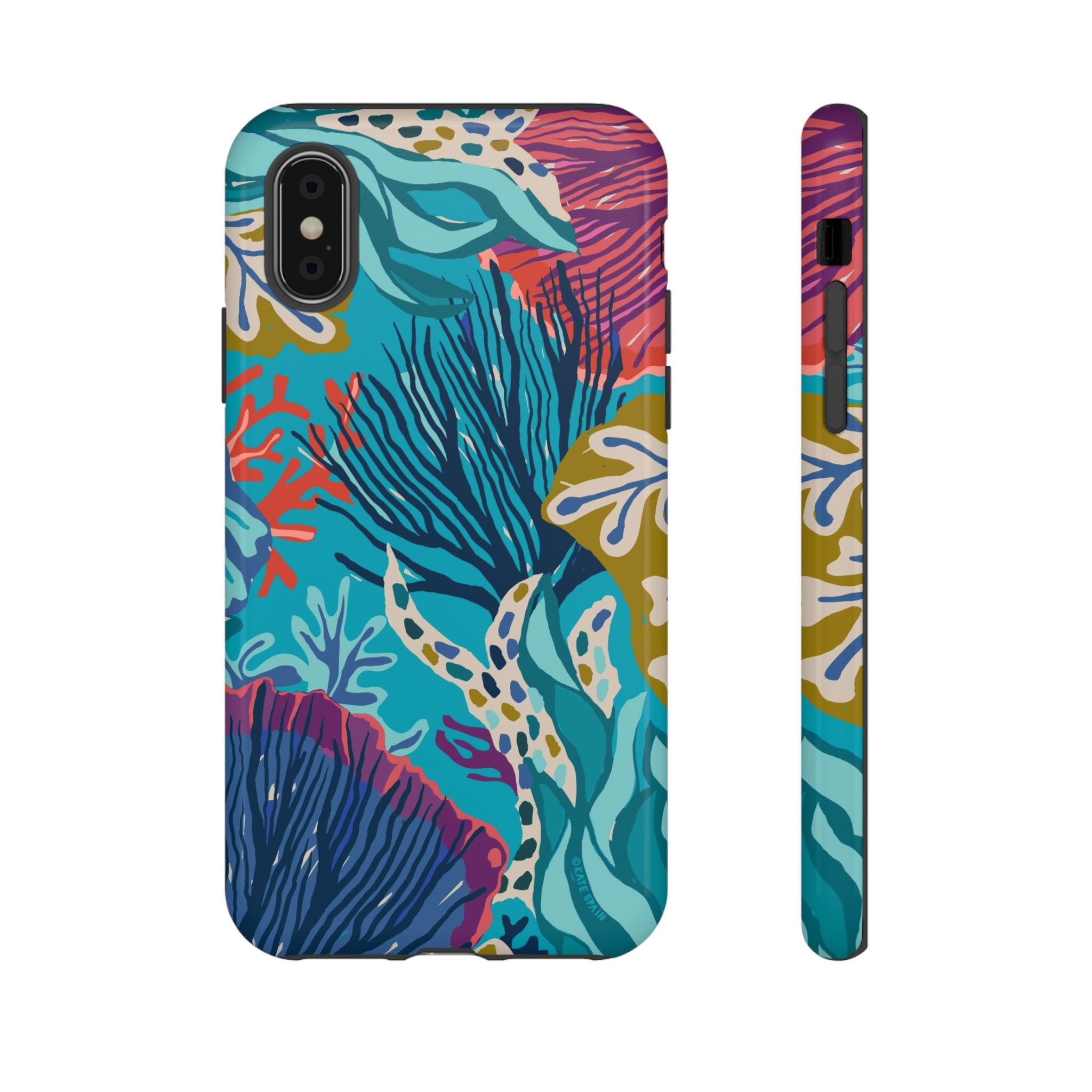 Reef Tough iPhone X Case – Glossy | teal, coral, navy, purple botanical coral reef print
