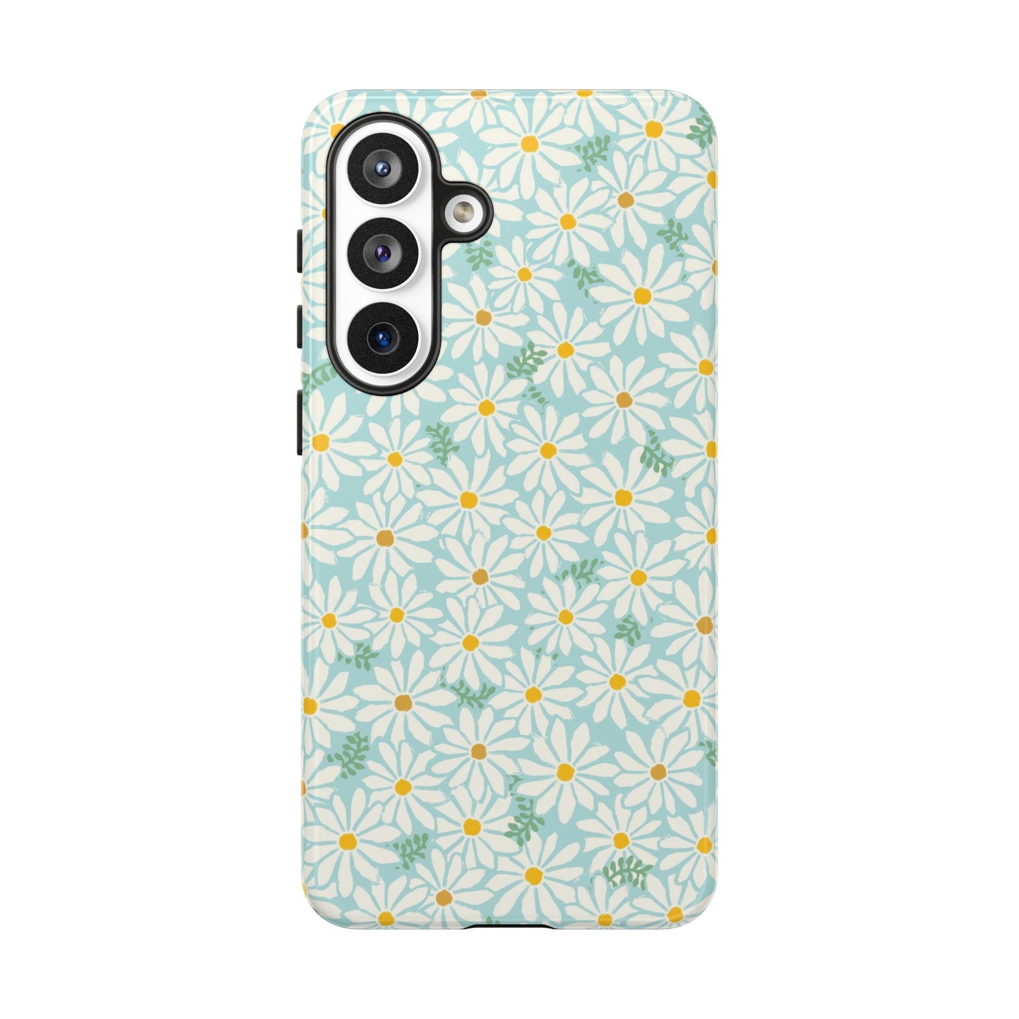 Daisies Samsung Galaxy S26 Plus Case – Glossy | sky blue, white daisy print, golden yellow centers, mint green leaves dual-layer protection