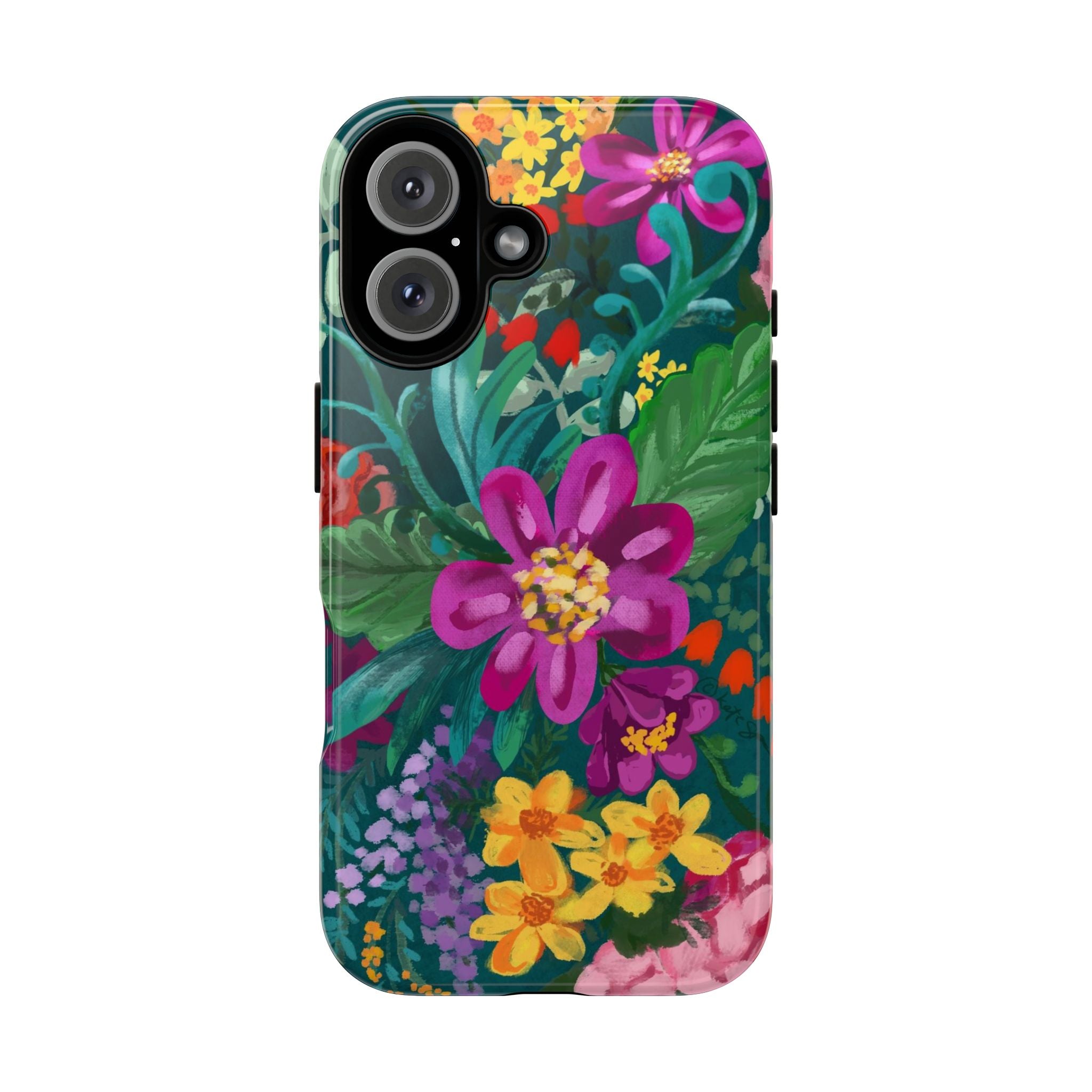 Posy Tough iPhone 16 Case – Glossy | teal, purple, magenta, yellow botanical wildflower print