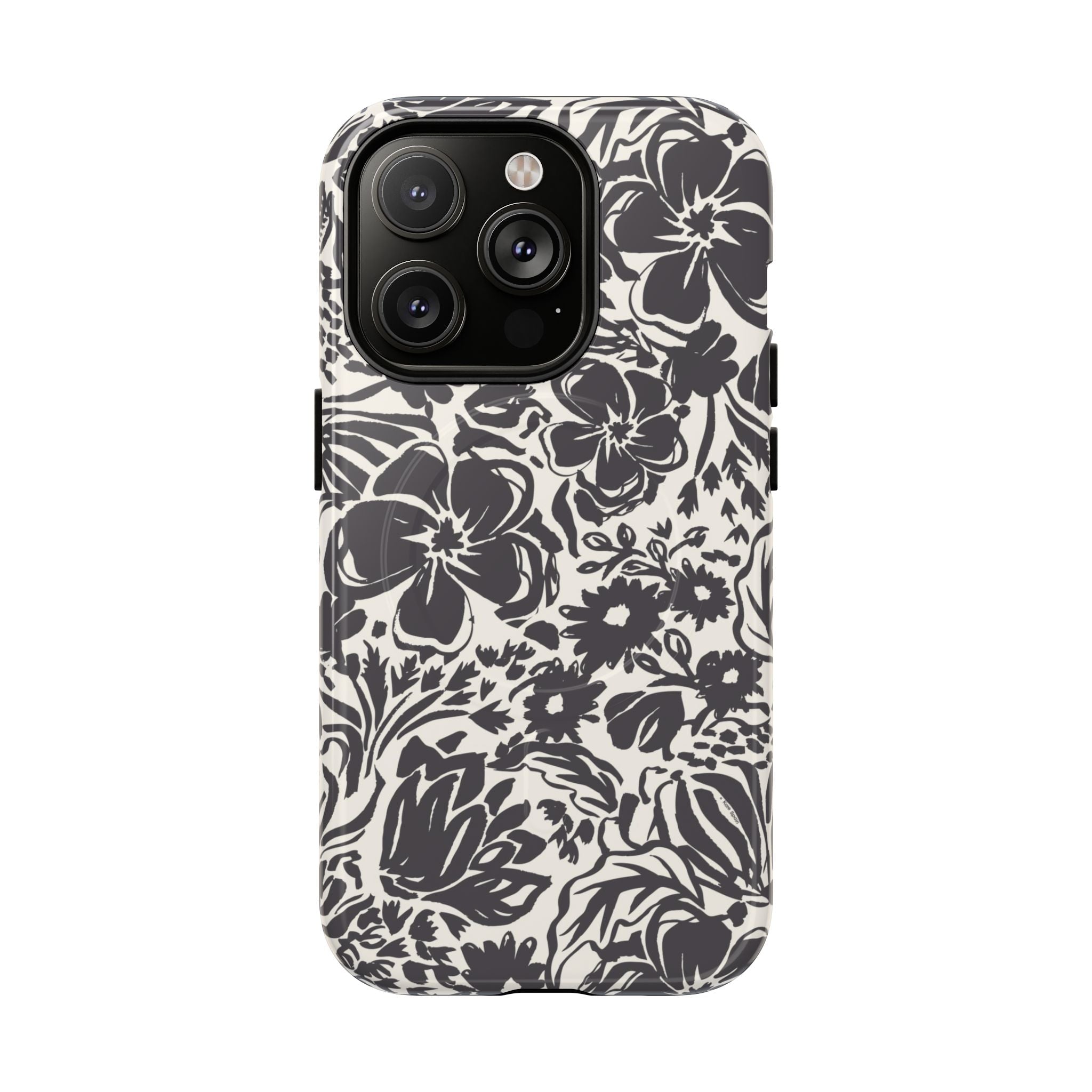 Rhapsody Black MagSafe iPhone 14 Pro Glossy case — bold charcoal floral print on cream by Kate Spain