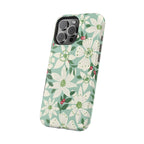 Gardenia MagSafe iPhone 16 Pro Max Case – Glossy angled view | light blue, white, green, red gardenia botanical print MagSafe compatible, dual-layer protection