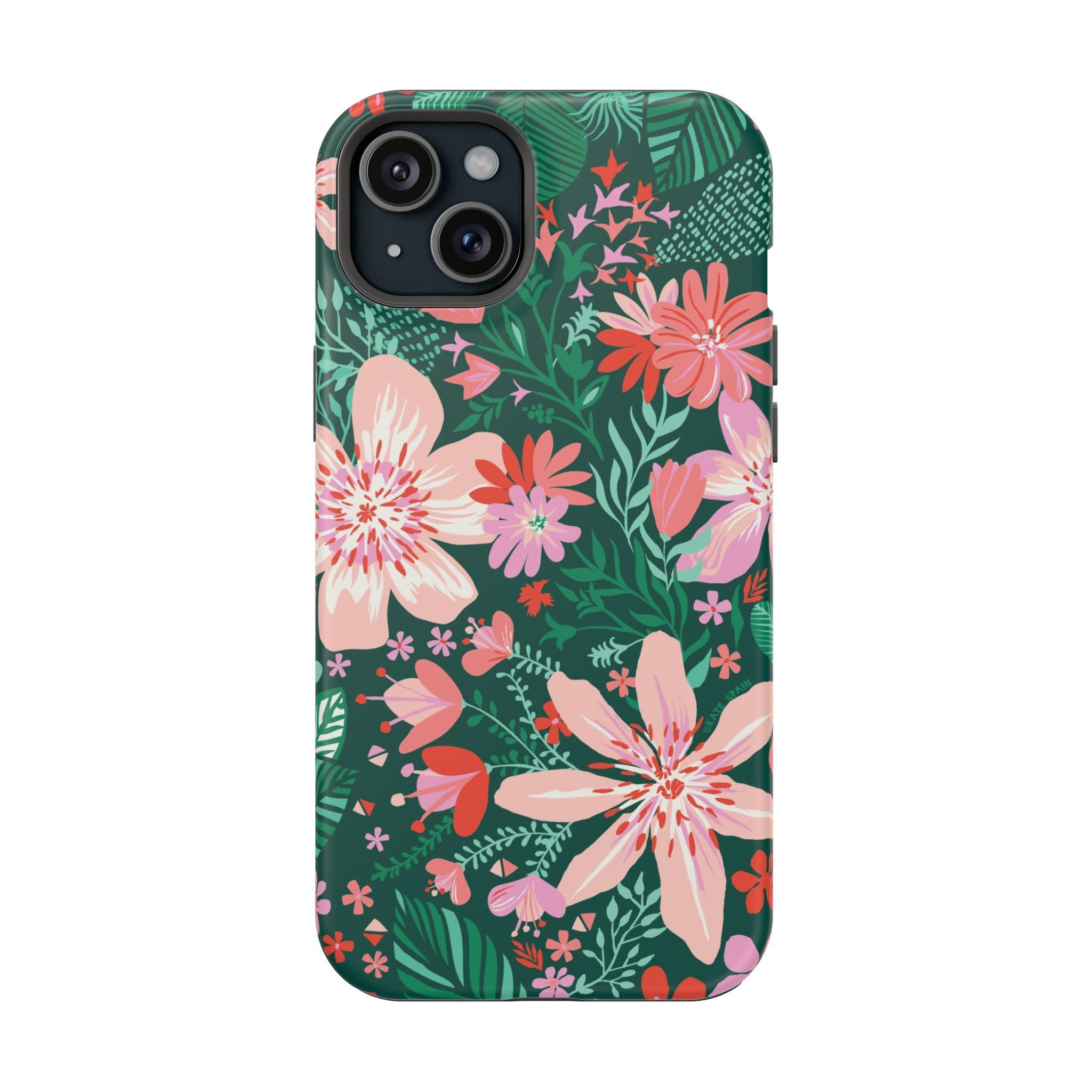 Bonaire MagSafe iPhone 15 Plus Case – Matte | forest green, blush, coral tropical floral print