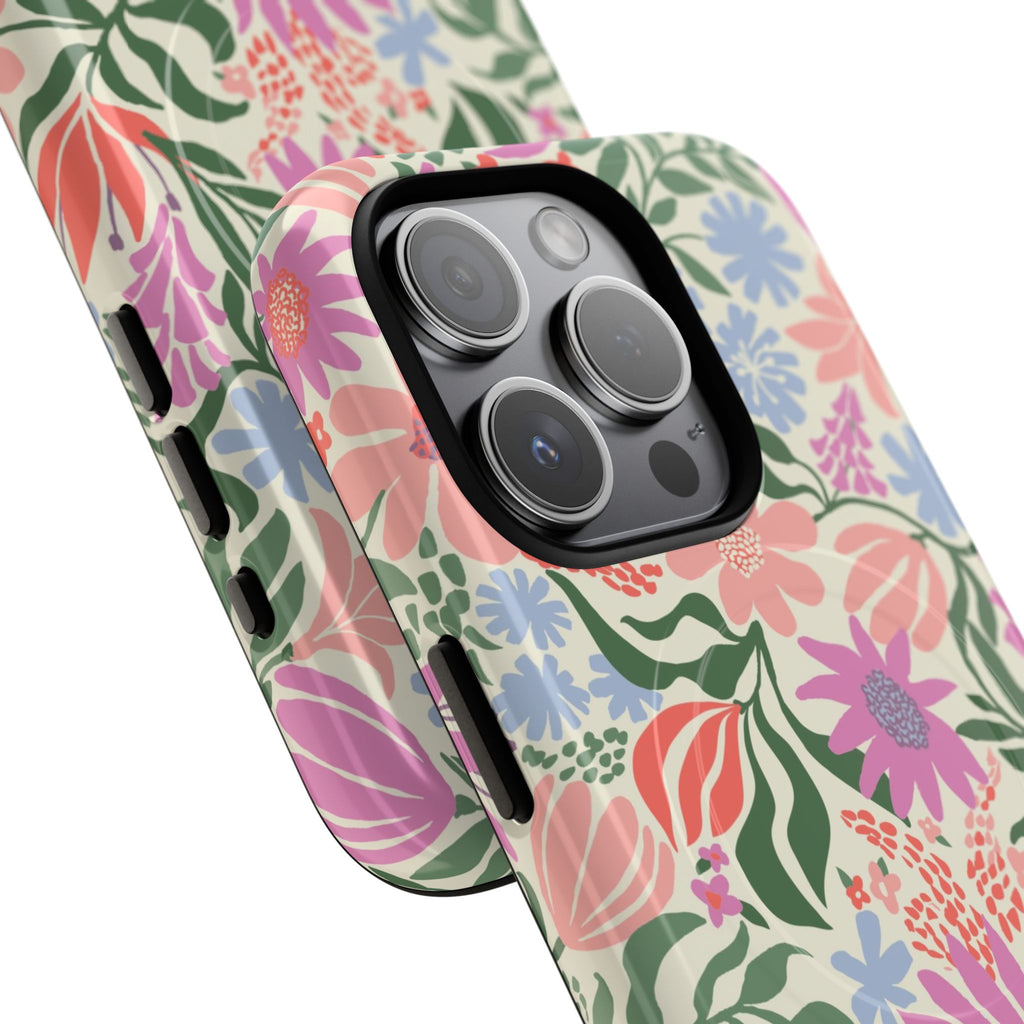 Botanica Pastel MagSafe iPhone 15 Pro Case – Glossy | blush, lavender, sage pastel botanical wildflower print | angled view closeup of camera cutout and buttons