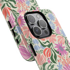 Botanica Pastel MagSafe iPhone 15 Pro Case – Glossy | blush, lavender, sage pastel botanical wildflower print | angled view closeup of camera cutout and buttons