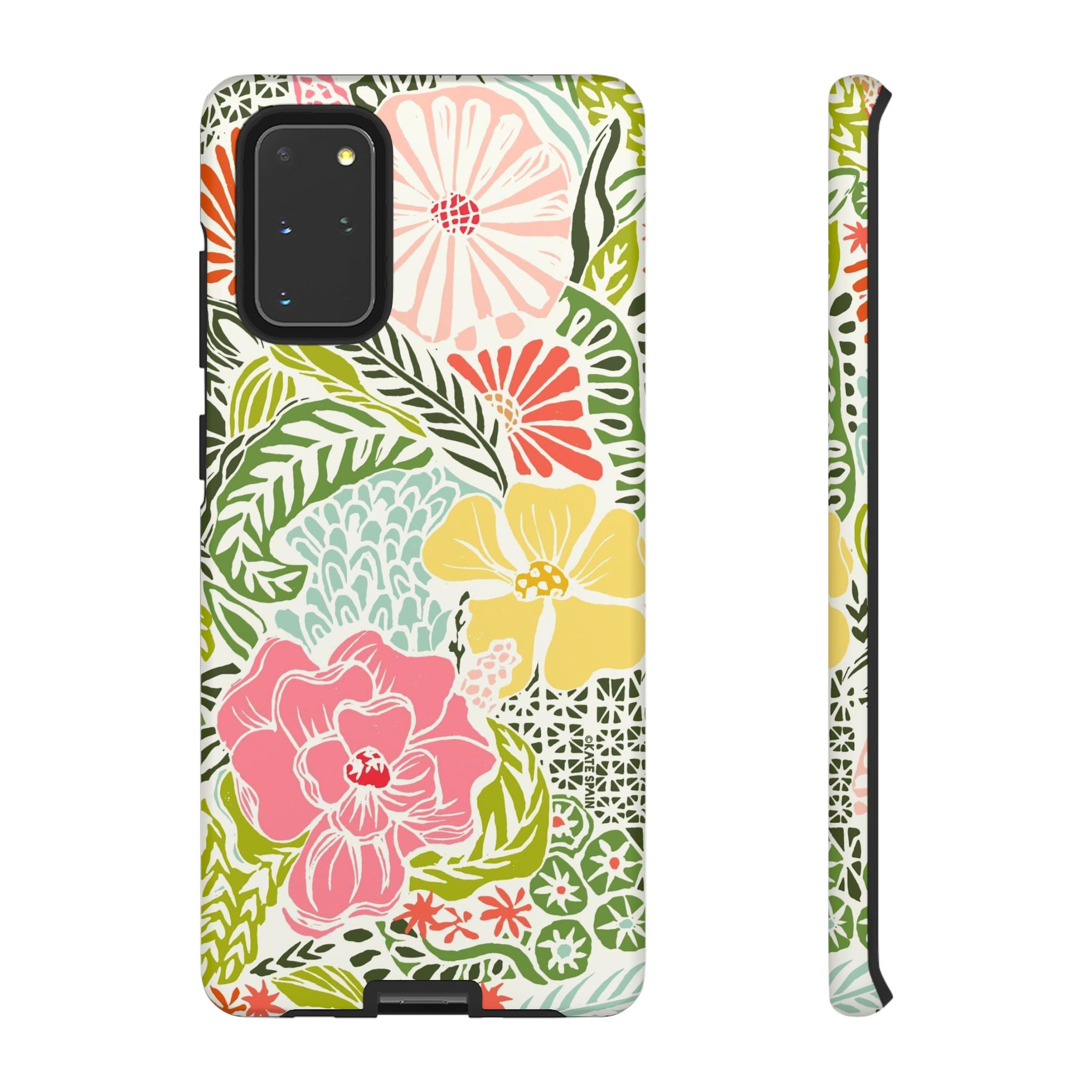 Cute Tropica Samsung Galaxy S20+ Case – Matte | cream, pink, yellow, blue botanical floral print