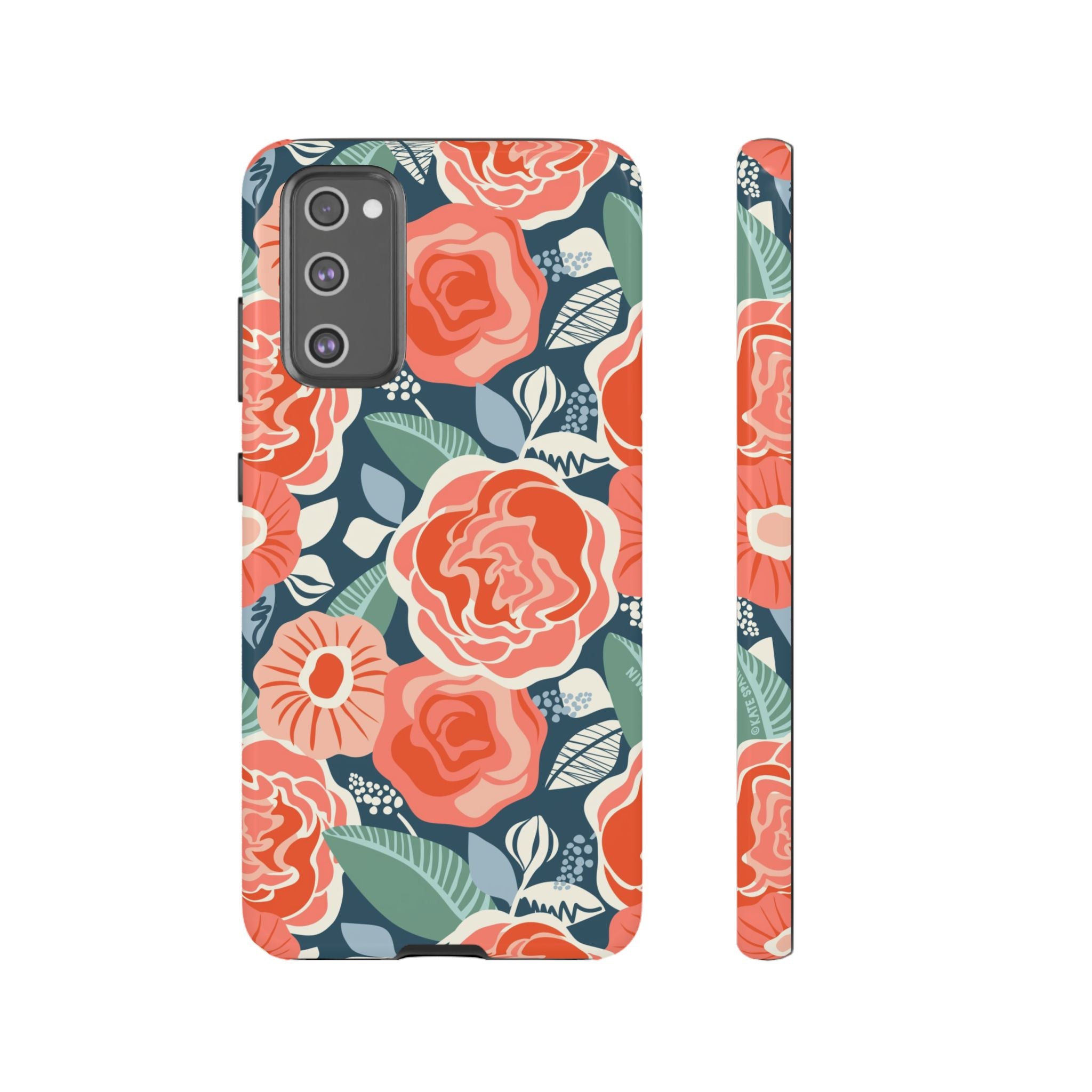 Luxury Tea Rose Navy Samsung Galaxy S20 FE Case – Glossy | navy, coral, peach botanical rose floral print