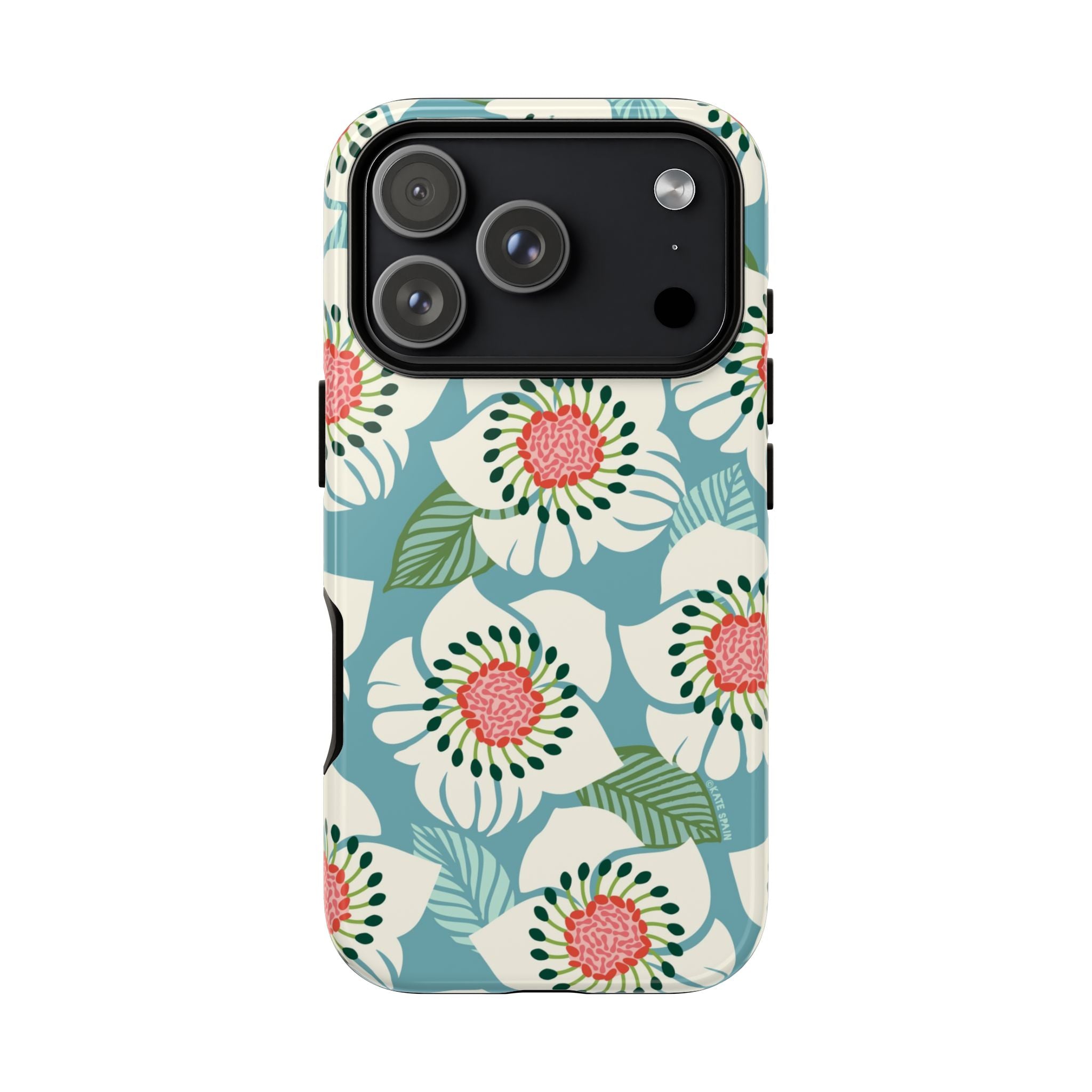 Panache Floral Tough iPhone 17 Pro Case – Glossy | sky blue, pale cream, pink anemone floral print