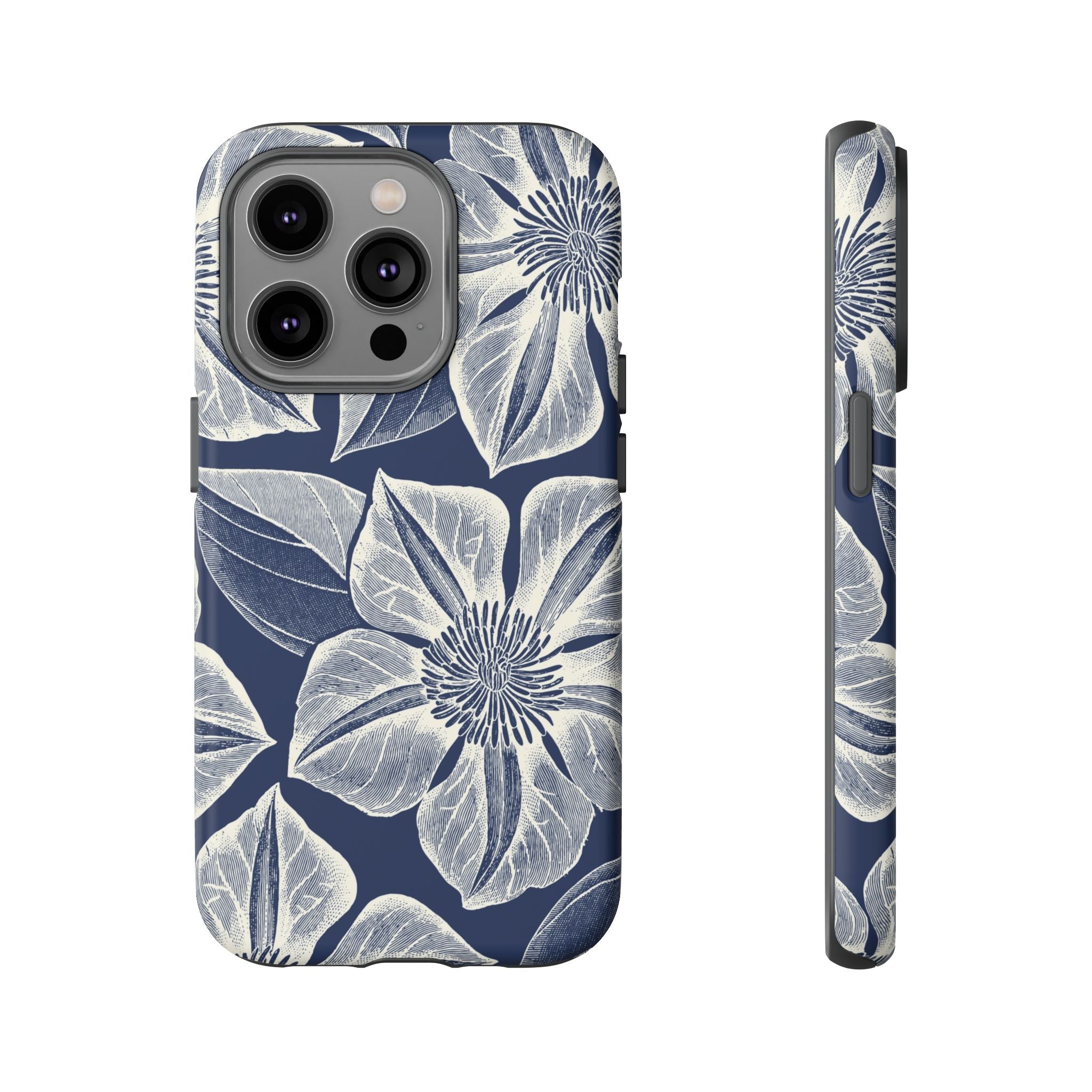 Vintage Bloom Navy iPhone 14 Pro case – Matte | navy ground, large-scale cream clematis print, engraved petal detail, dual-layer protection