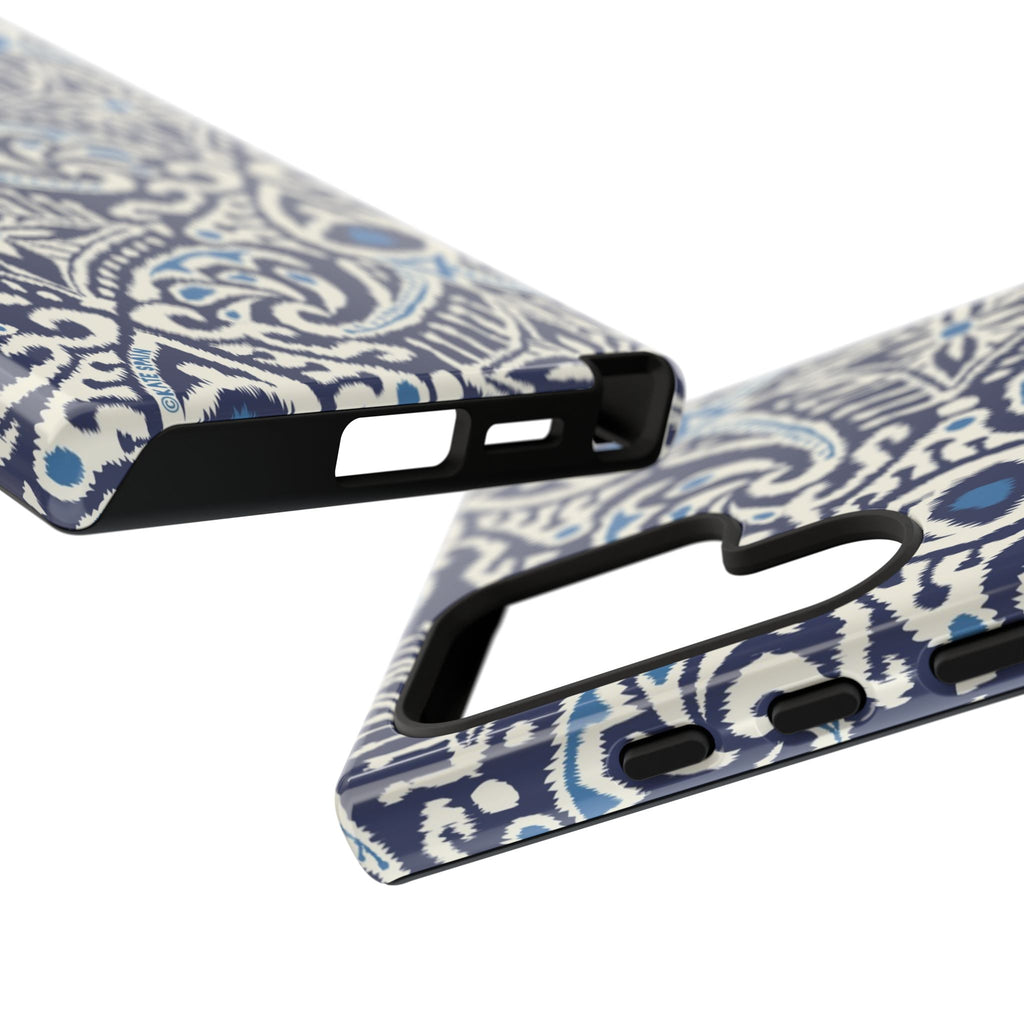 Luxury Ikat Samsung Galaxy S24 Ultra Case – Glossy | close-up of sides, buttons, and parts of case in navy, white, aqua ikat geometric medallion print