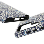 Luxury Ikat Samsung Galaxy S24 Ultra Case – Glossy | close-up of sides, buttons, and parts of case in navy, white, aqua ikat geometric medallion print