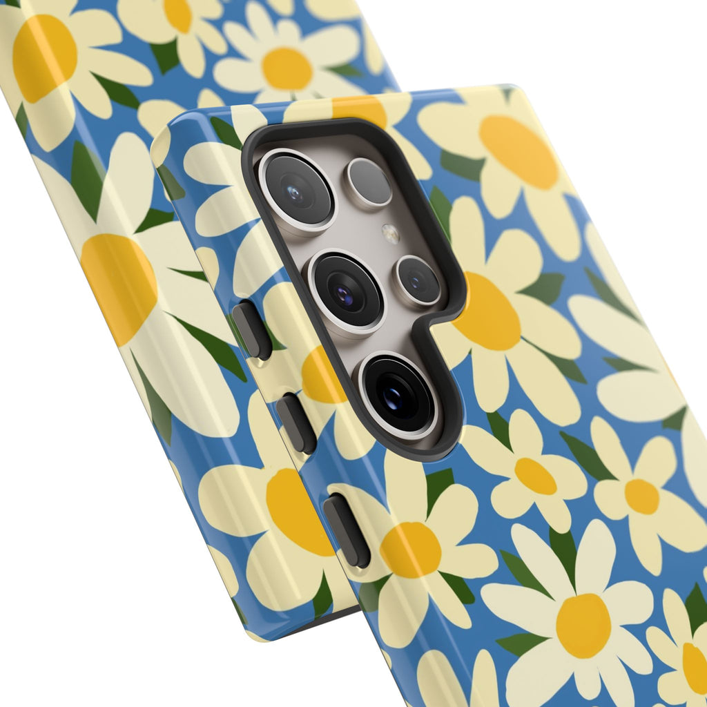 Luxury Shasta Samsung Galaxy S24 Ultra Case – Glossy | close-up of 5-lens camera inside case in blue, yellow, white daisy floral print