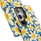 Luxury Shasta Samsung Galaxy S24 Ultra Case – Glossy | close-up of 5-lens camera inside case in blue, yellow, white daisy floral print