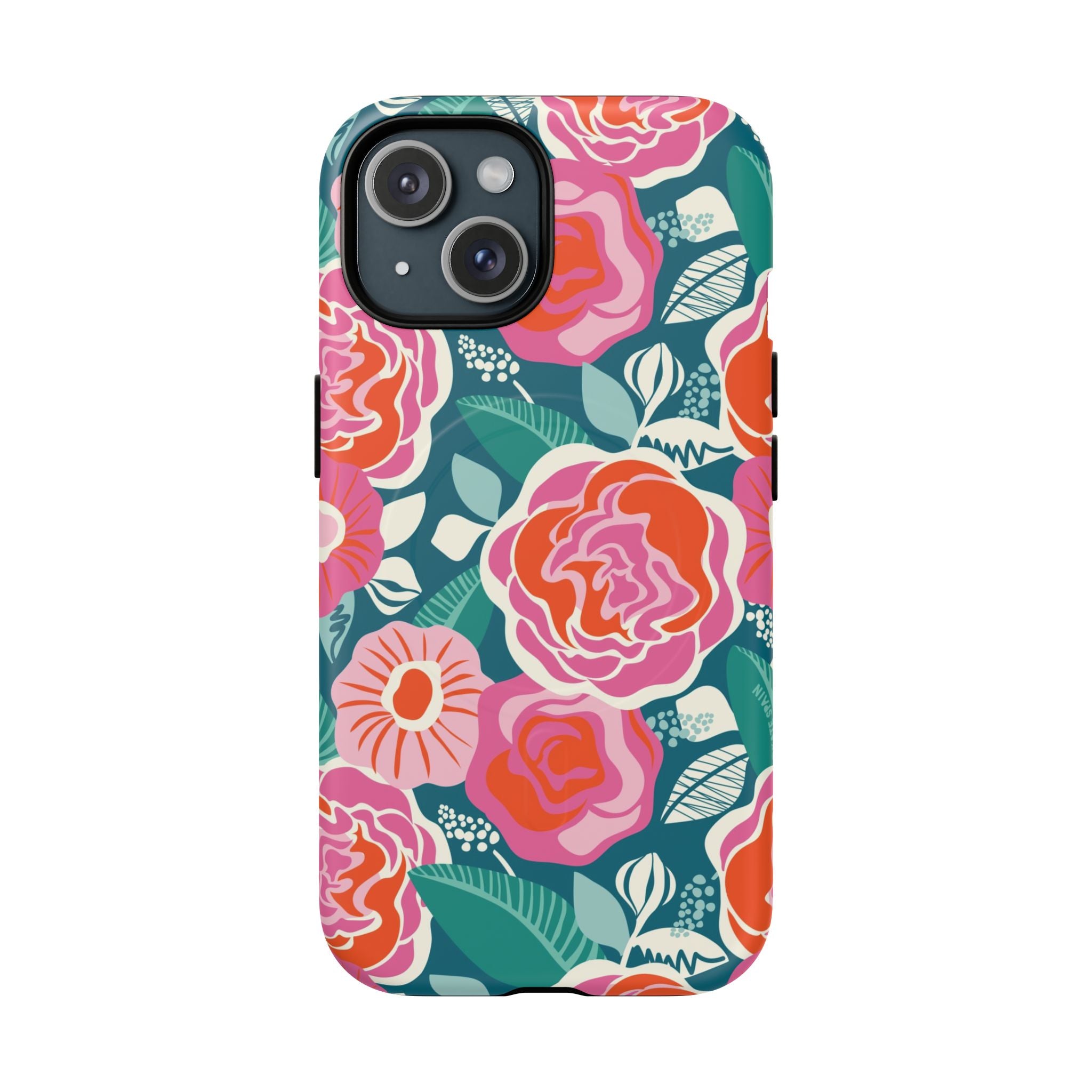 Luxury Tea Rose Teal MagSafe iPhone 15 Case – Matte | teal, coral, pink botanical rose floral print
