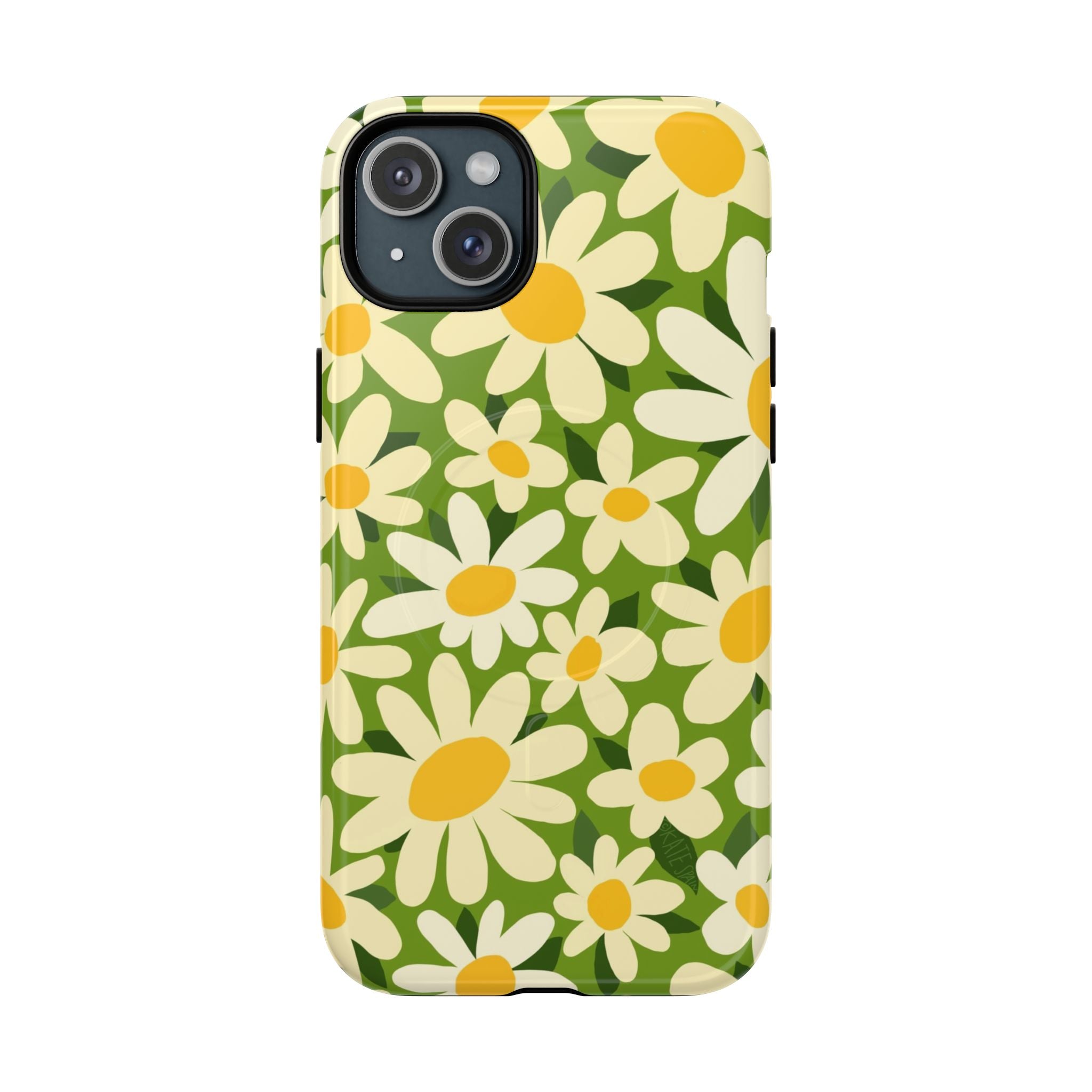 Shasta Daisy MagSafe iPhone 15 Plus Case – Glossy | green, white, yellow daisy floral print
