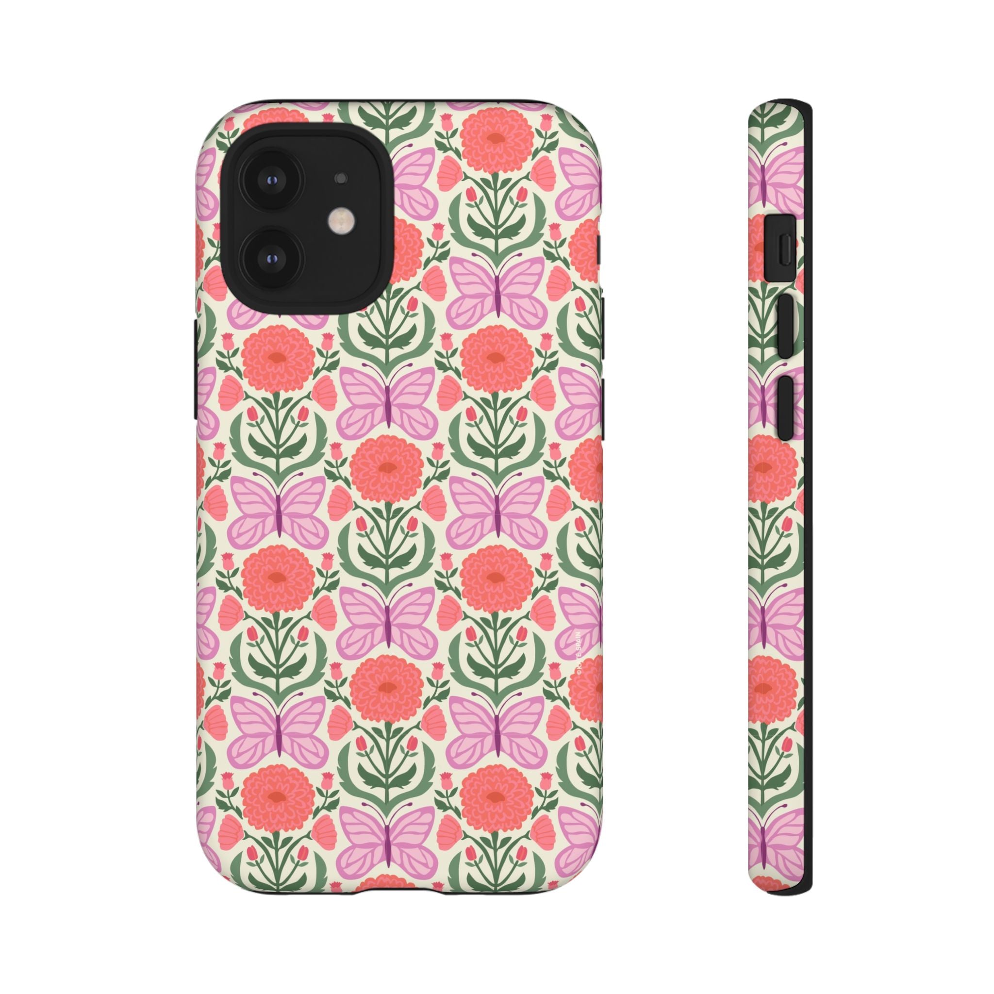 Pink Butterfly Tough iPhone 12 Mini Case – Matte | pink, coral, green, cream butterfly floral print