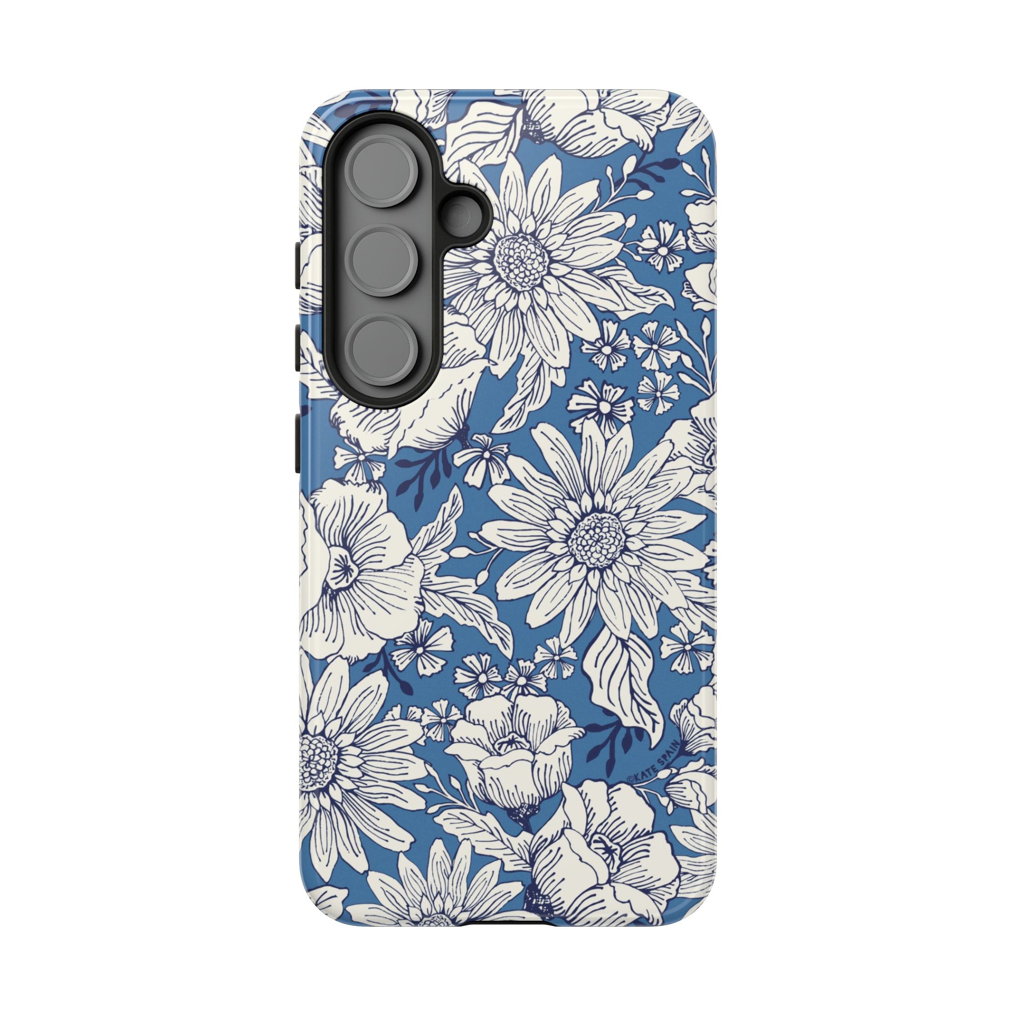 Luxury Jardin Samsung Galaxy S25 Case – Glossy | steel blue, white botanical daisy floral print