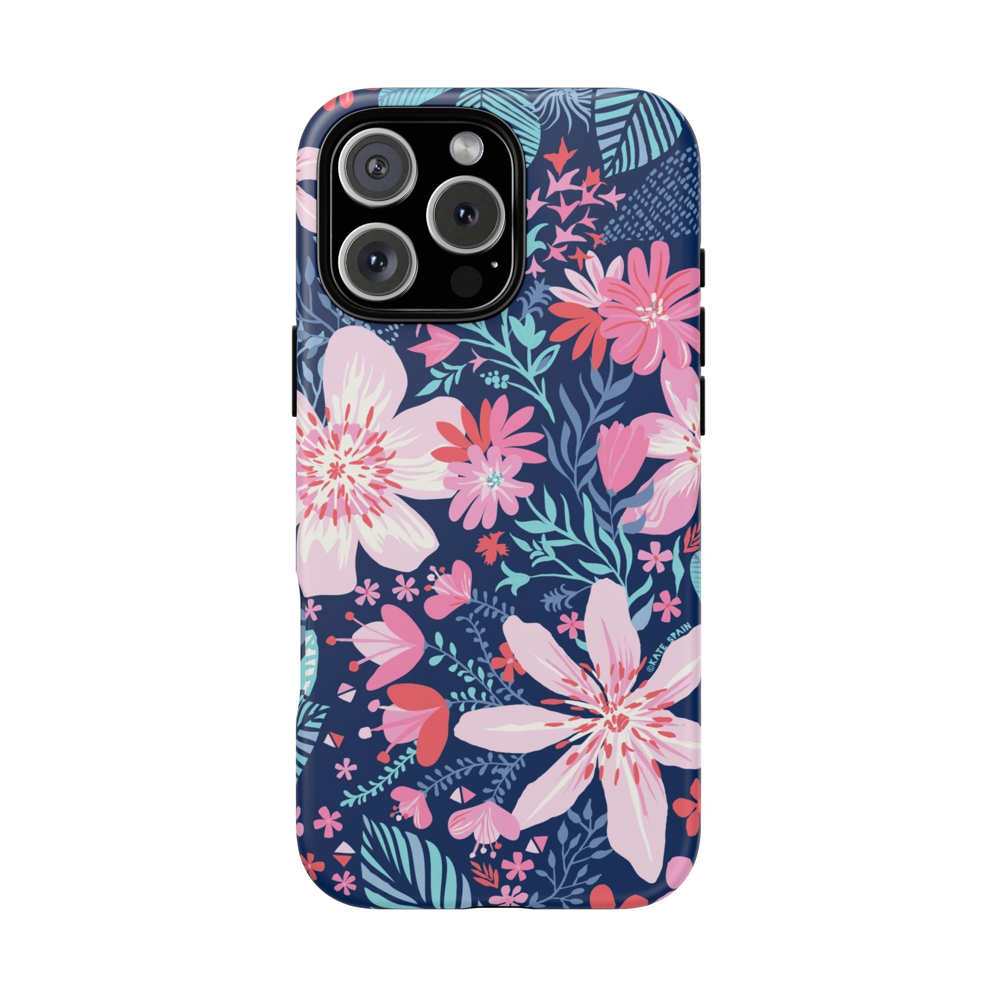 Bonaire Tough iPhone 16 Pro Max Case – Matte | navy, pink, white tropical floral botanical print