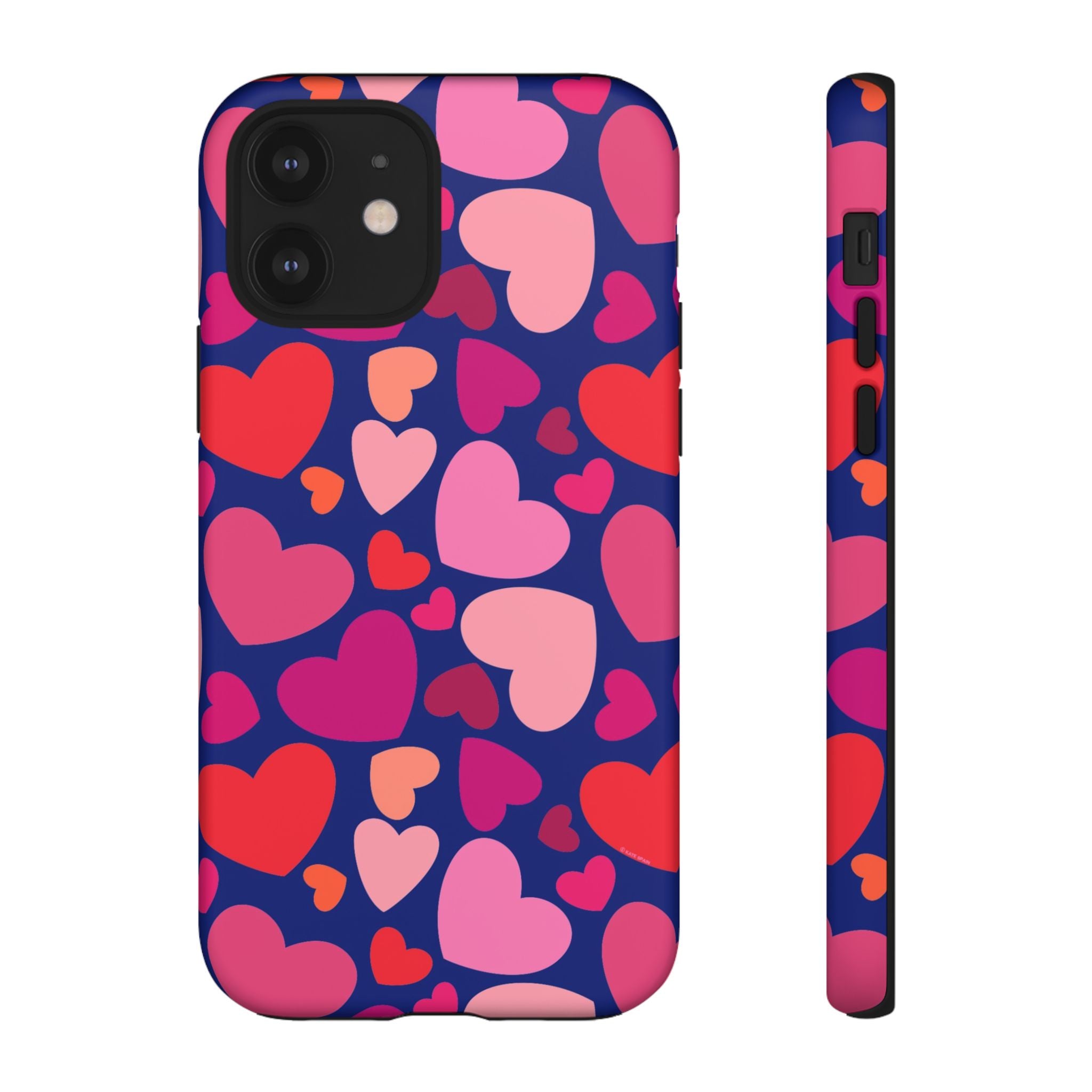 Hearts Tough iPhone 12 Case – Matte | navy, pink, red, coral scattered heart print