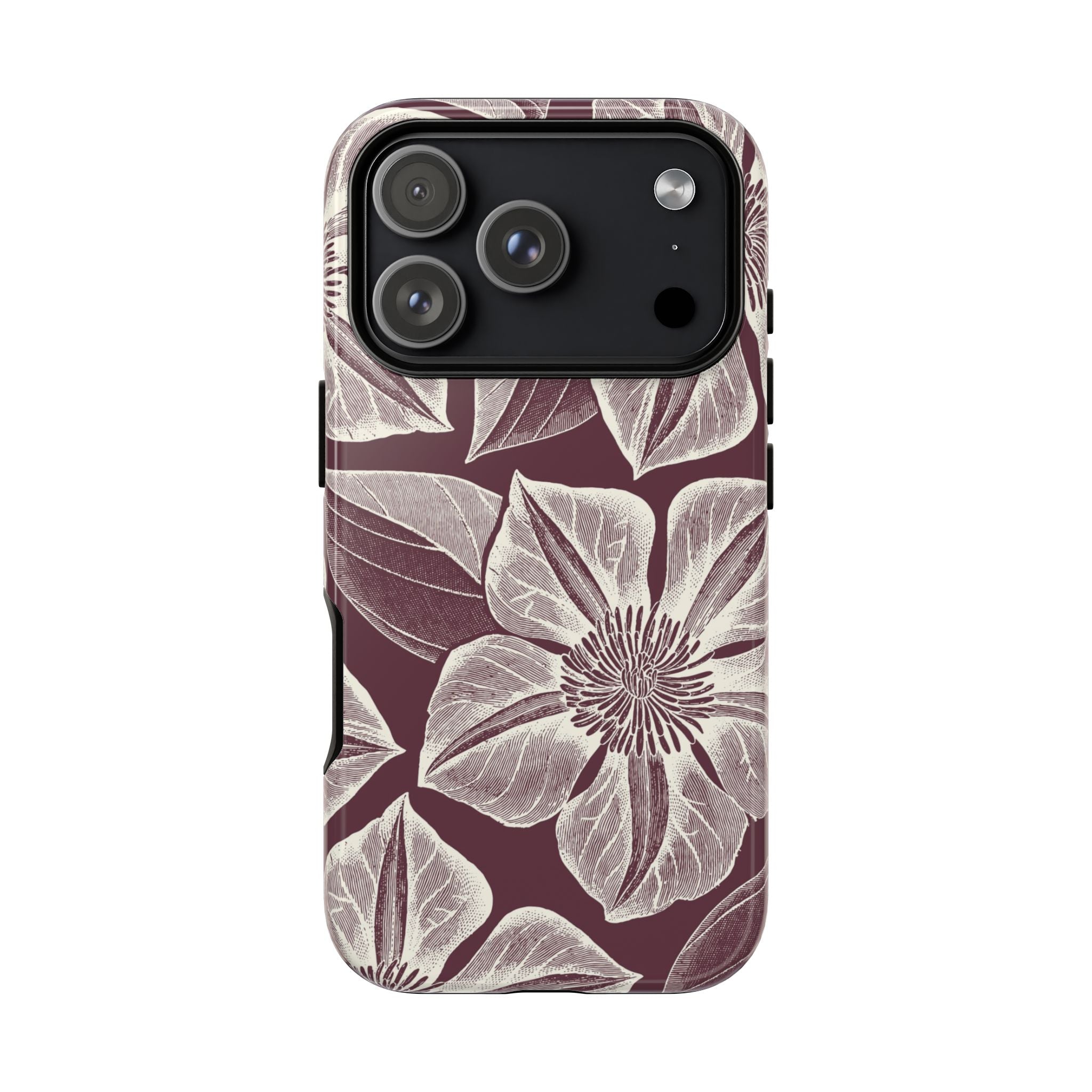 Vintage Bloom Burgundy iPhone 17 Pro case – Glossy | burgundy ground, large-scale cream clematis print, engraved petal detail, dual-layer protection