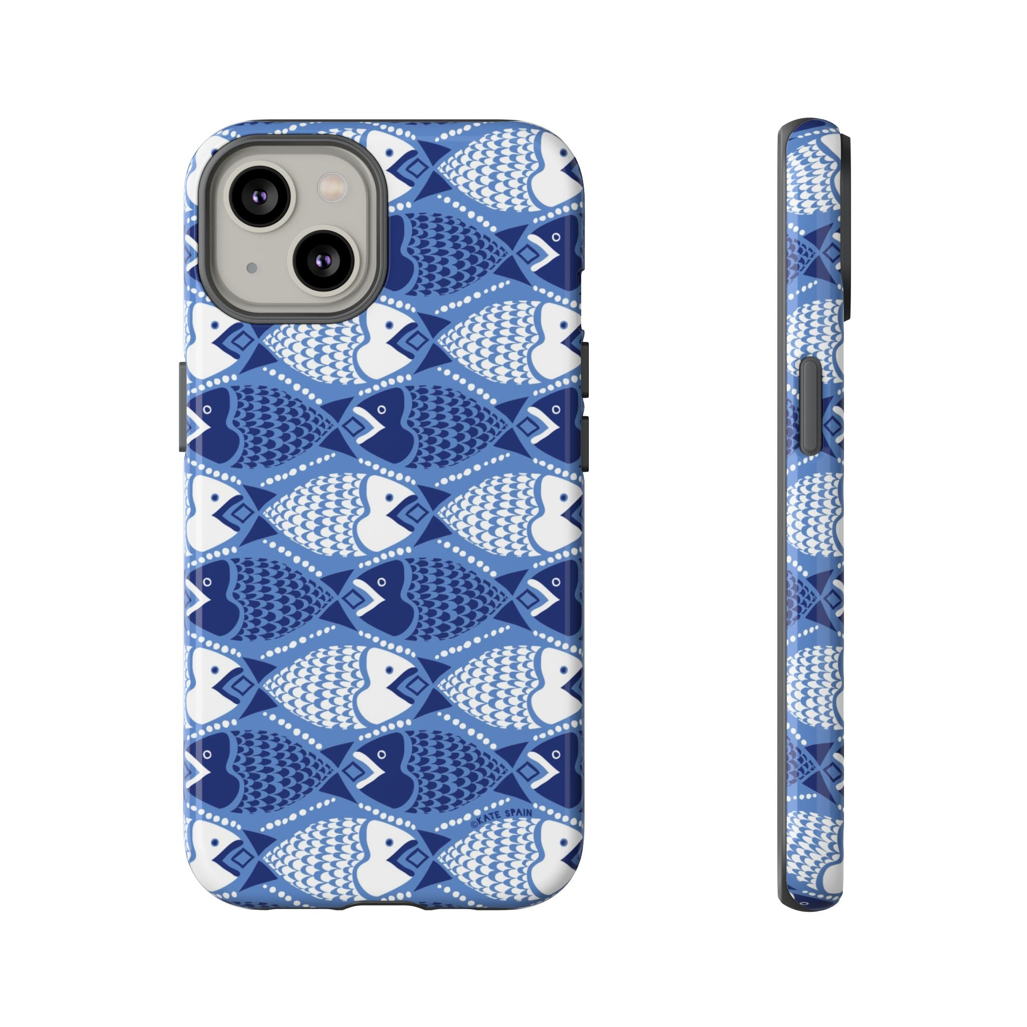 Catch of the Day Tough iPhone 14 Case – Glossy | navy, blue, white geometric fish print