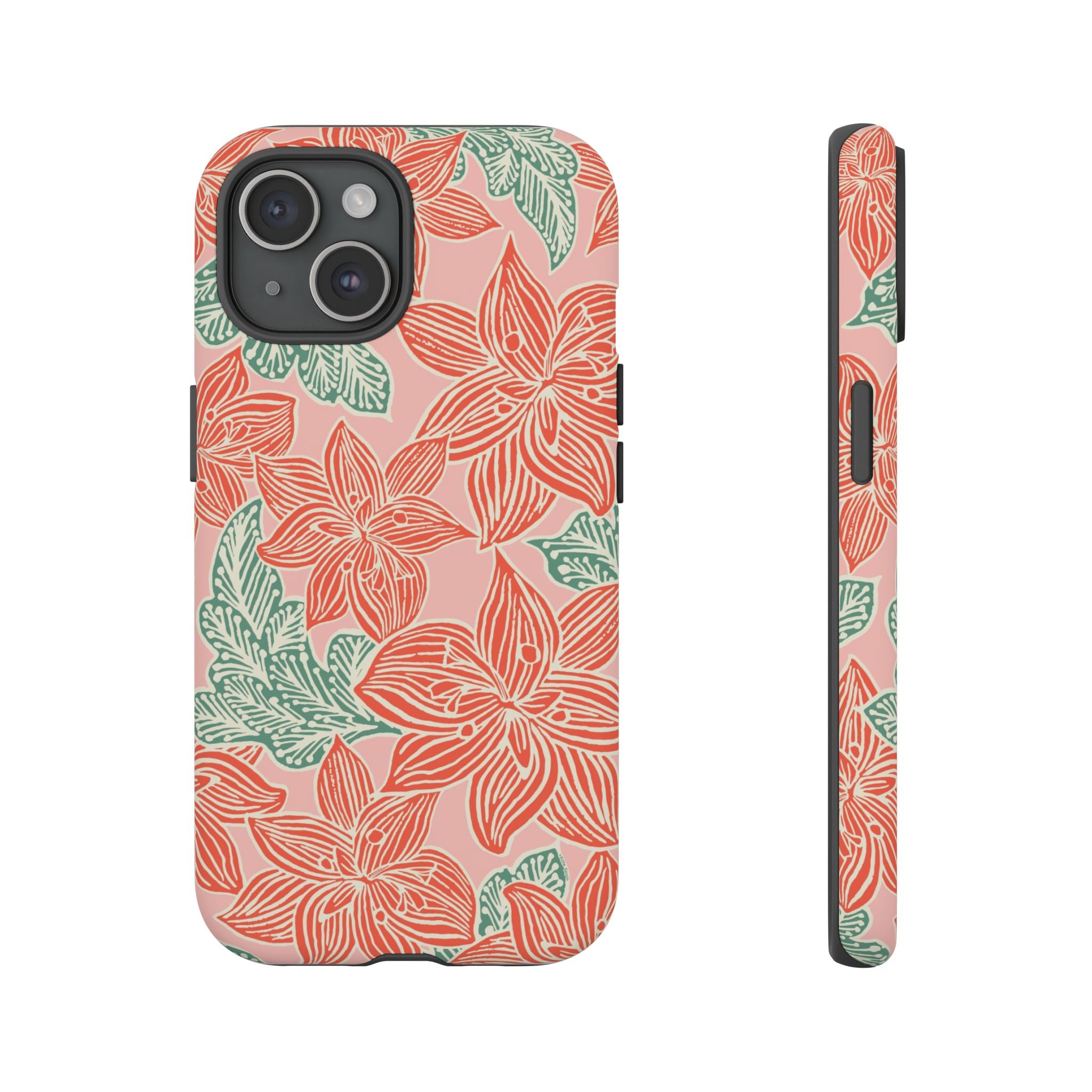 Hibiscus Coral iPhone 15 Matte Case — blush pink hard case with large-scale coral red hibiscus flowers and teal-green leaves in a bold botanical linework print, densely layered across the surface