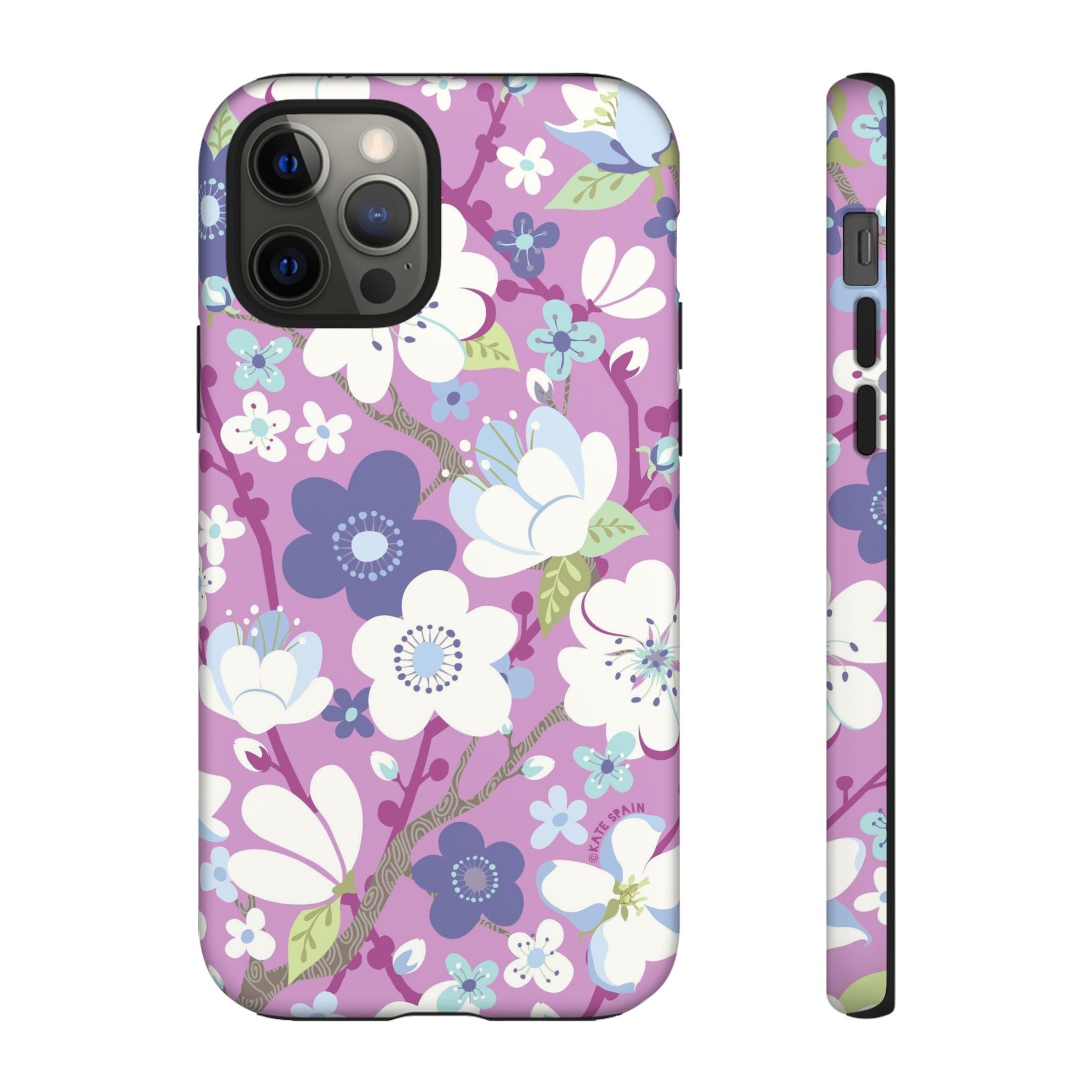 Luxury Cherry Blossom Tough iPhone 12 Pro Case – Matte | mauve, purple, blue, white cherry blossom print