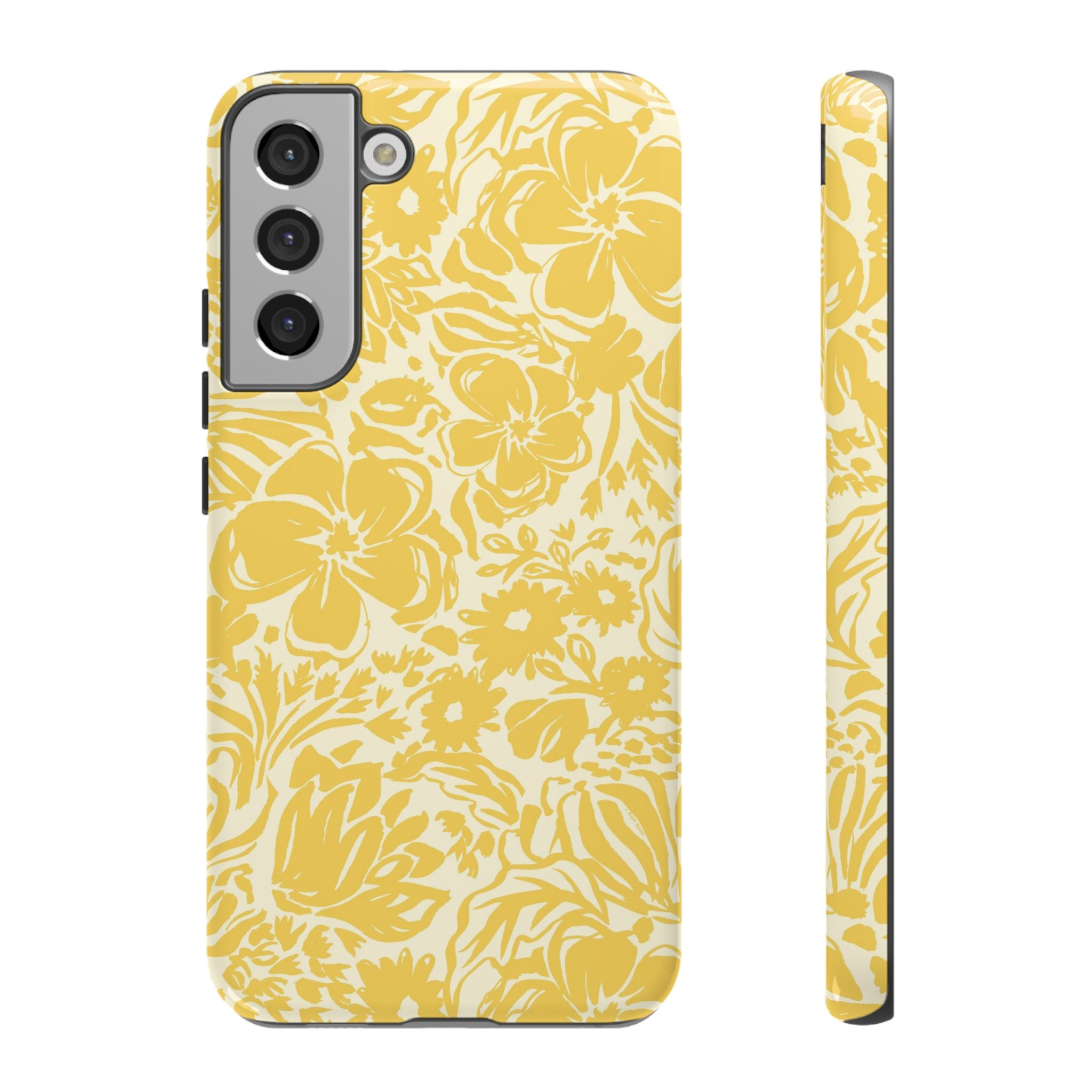Rhapsody Yellow Samsung Galaxy S22 Plus Glossy case — bold golden yellow floral print on cream by Kate Spain
