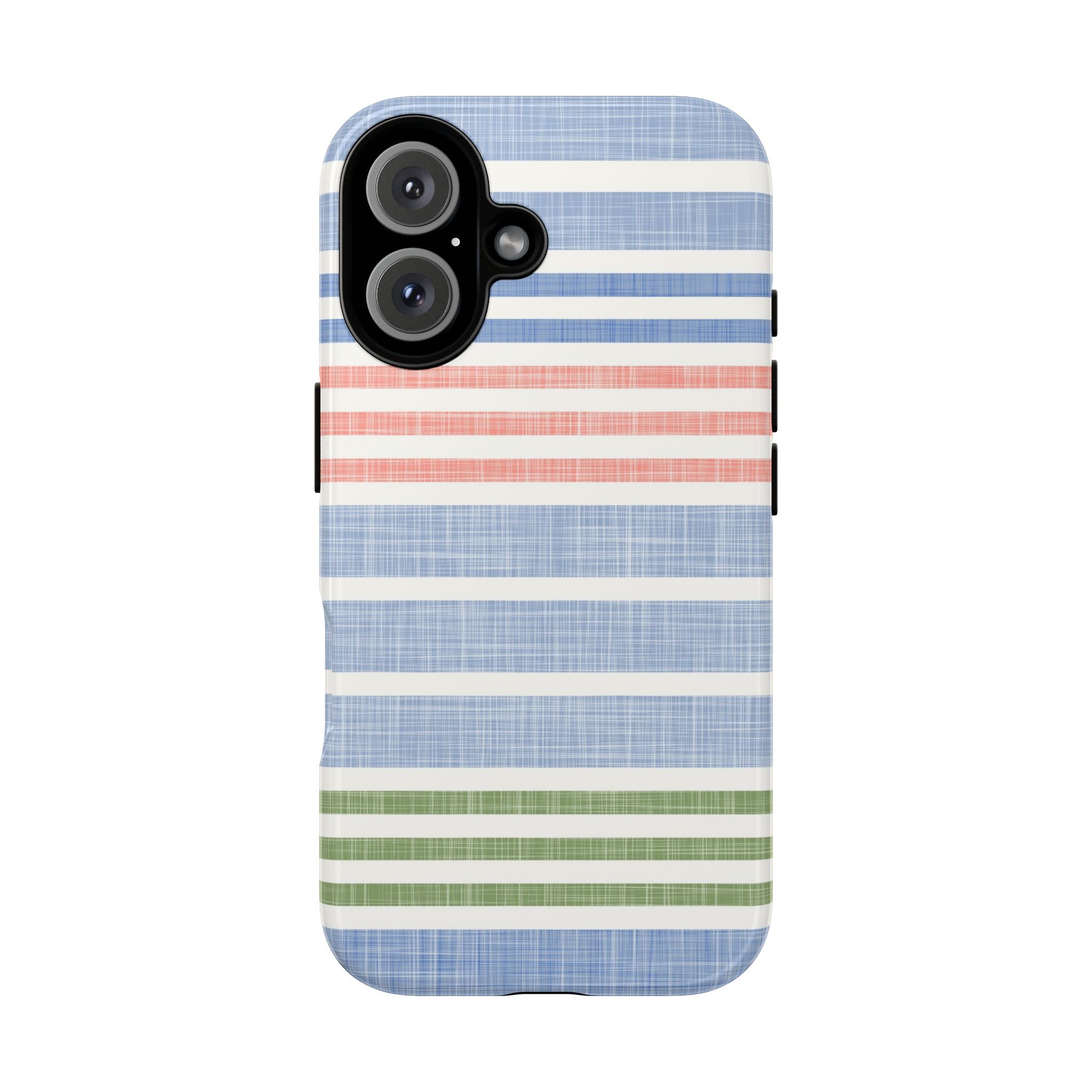 Cabana Stripe Pastel Tough iPhone 16 Case – Glossy | soft blue, coral, sage green chambray-textured stripe print dual-layer protection