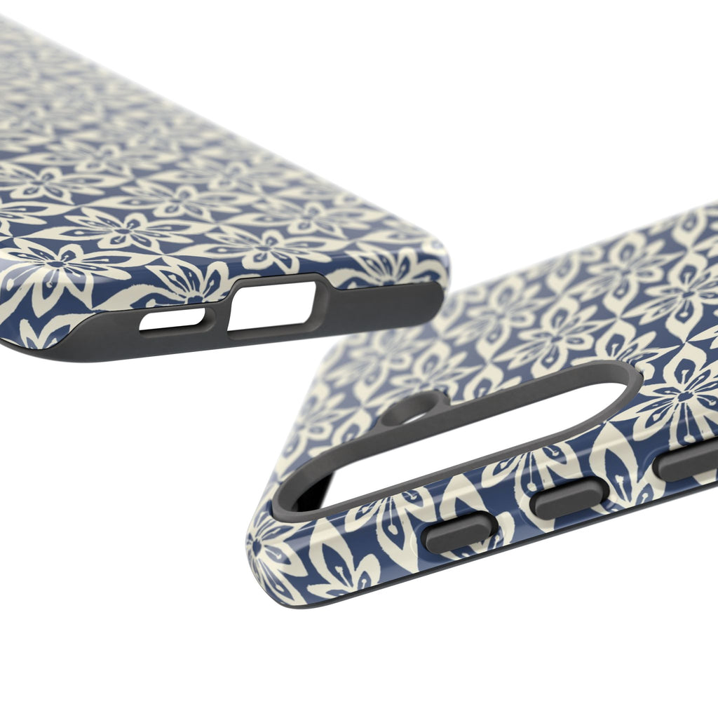 Lily Navy Blue Samsung Galaxy S25 Glossy case — dual view showing ports, camera cutout, and buttons — graphic white lily on deep navy by Kate Spain