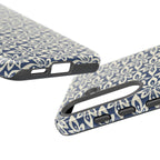Lily Navy Blue Samsung Galaxy S25 Glossy case — dual view showing ports, camera cutout, and buttons — graphic white lily on deep navy by Kate Spain