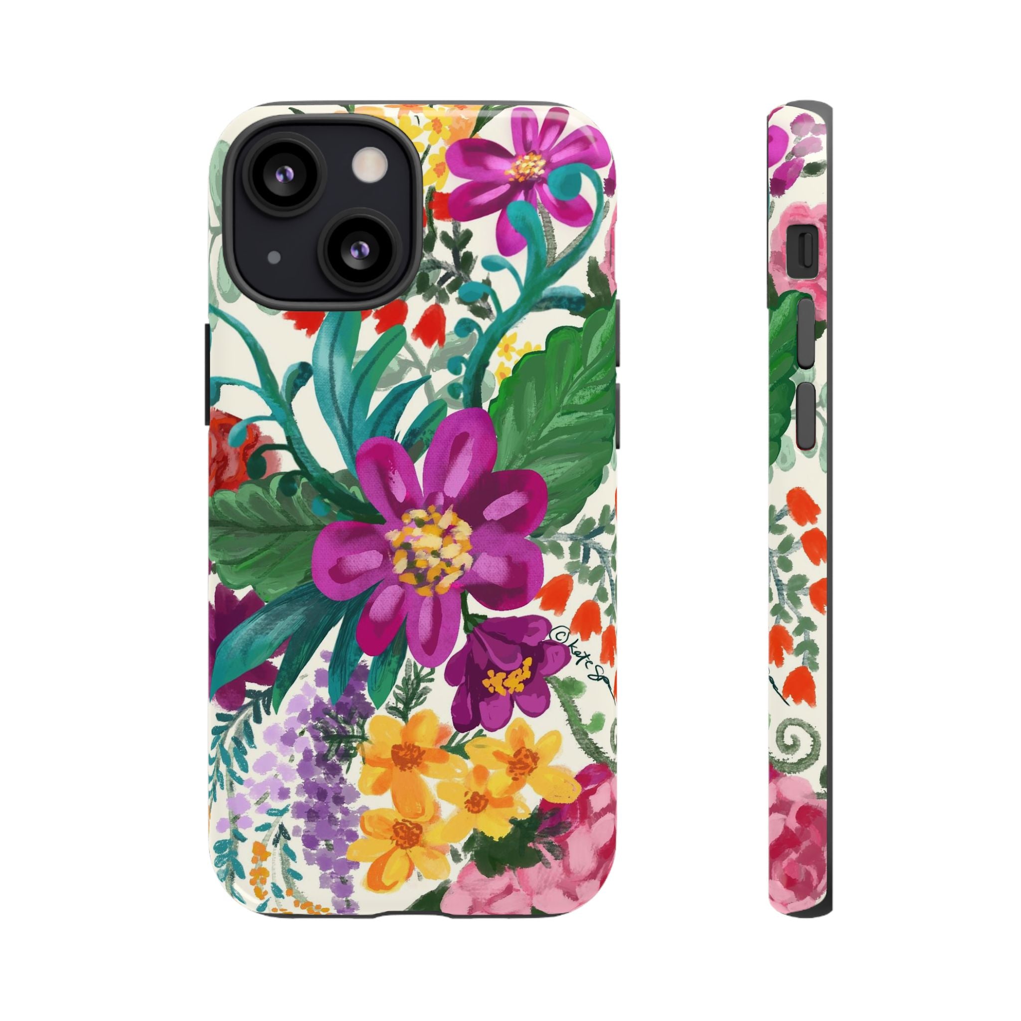 Posy Tough iPhone 13 Mini Case – Glossy | cream, magenta, coral botanical floral print