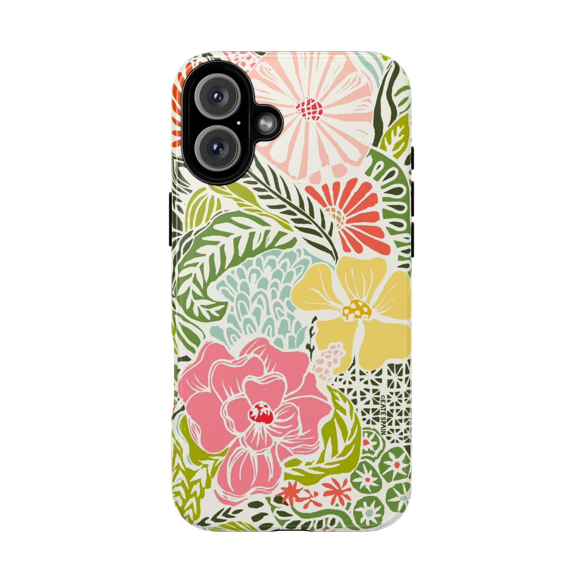 Tropica Tough iPhone 16 Plus Case – Glossy | cream, pink, yellow, blue botanical floral print