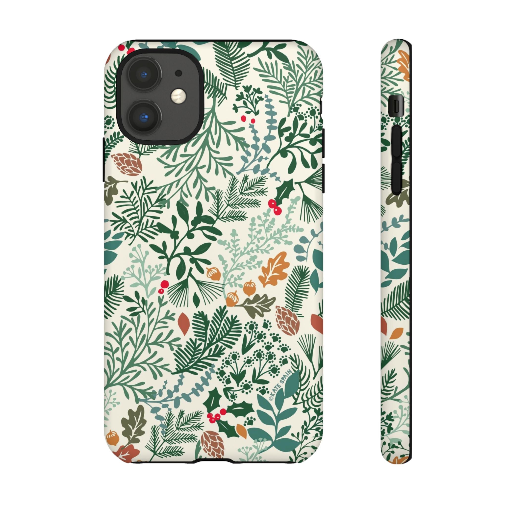 Juniper Tough iPhone 11 Case – Matte | cream, green, red botanical woodland print