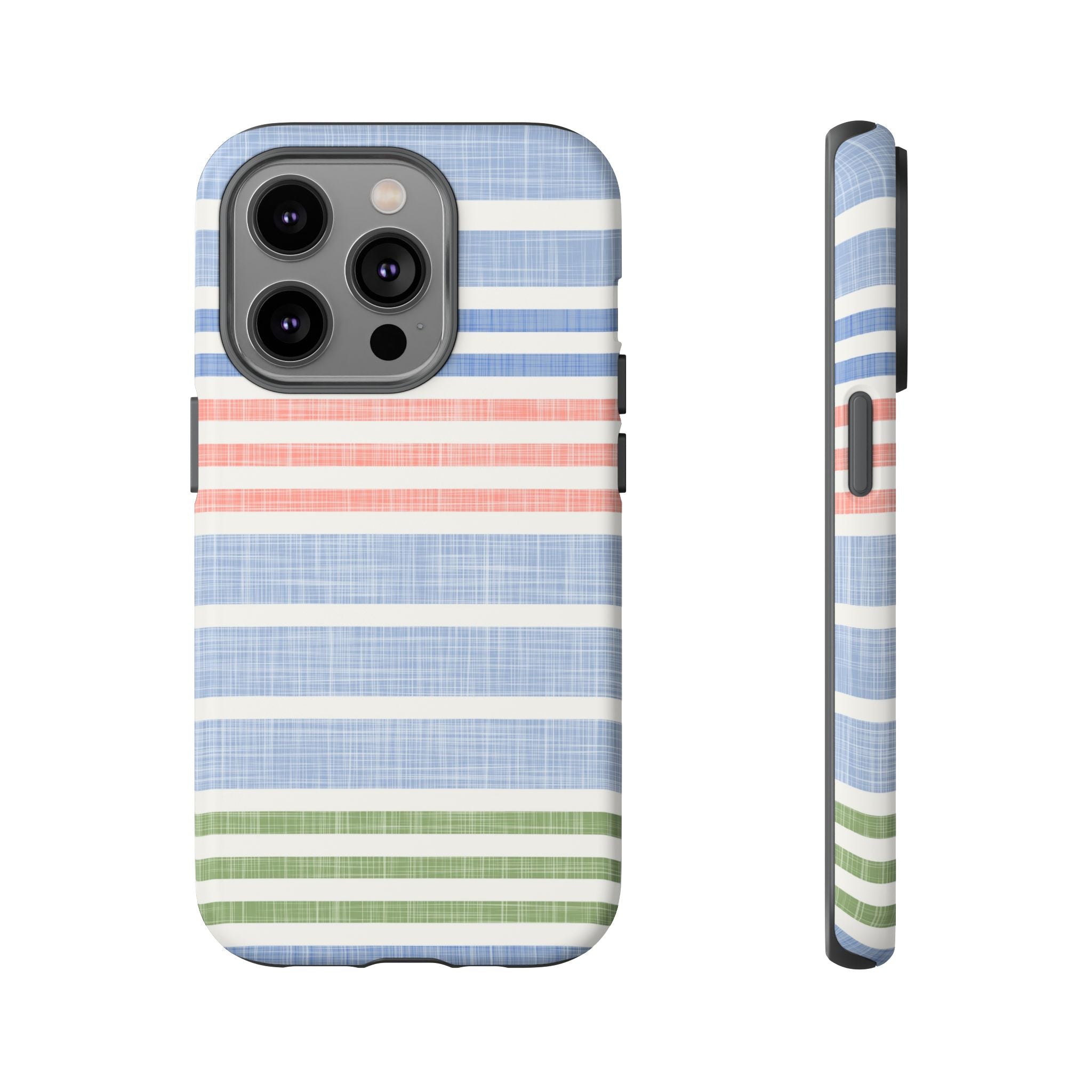 Cabana Stripe Pastel Tough iPhone 14 Pro Case – Matte | soft blue, coral, sage green chambray-textured stripe print dual-layer protection