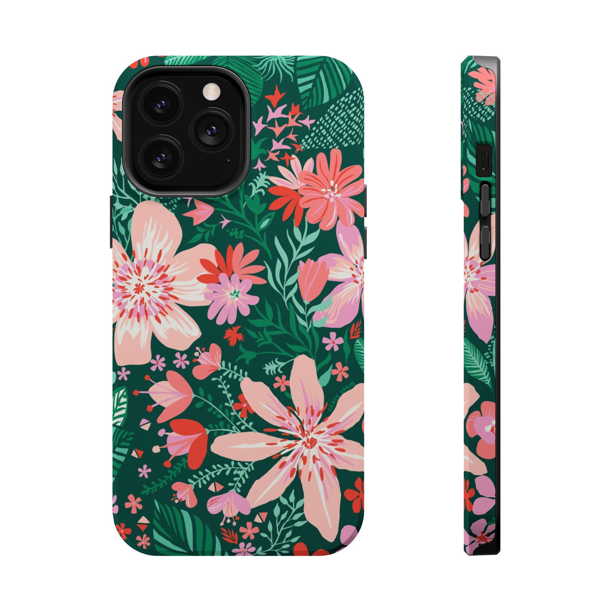 Bonaire MagSafe iPhone 13 Pro Max Case – Matte | forest green, blush, coral tropical floral print