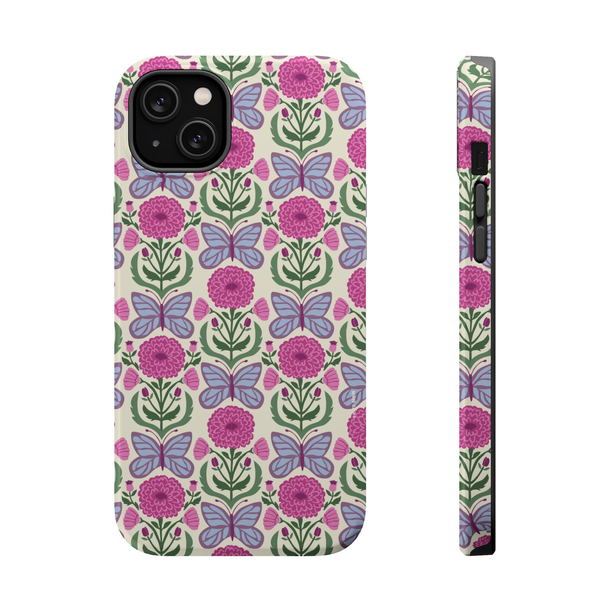 Butterfly MagSafe iPhone 14 Plus Case – Glossy | cream, magenta, periwinkle butterfly floral print